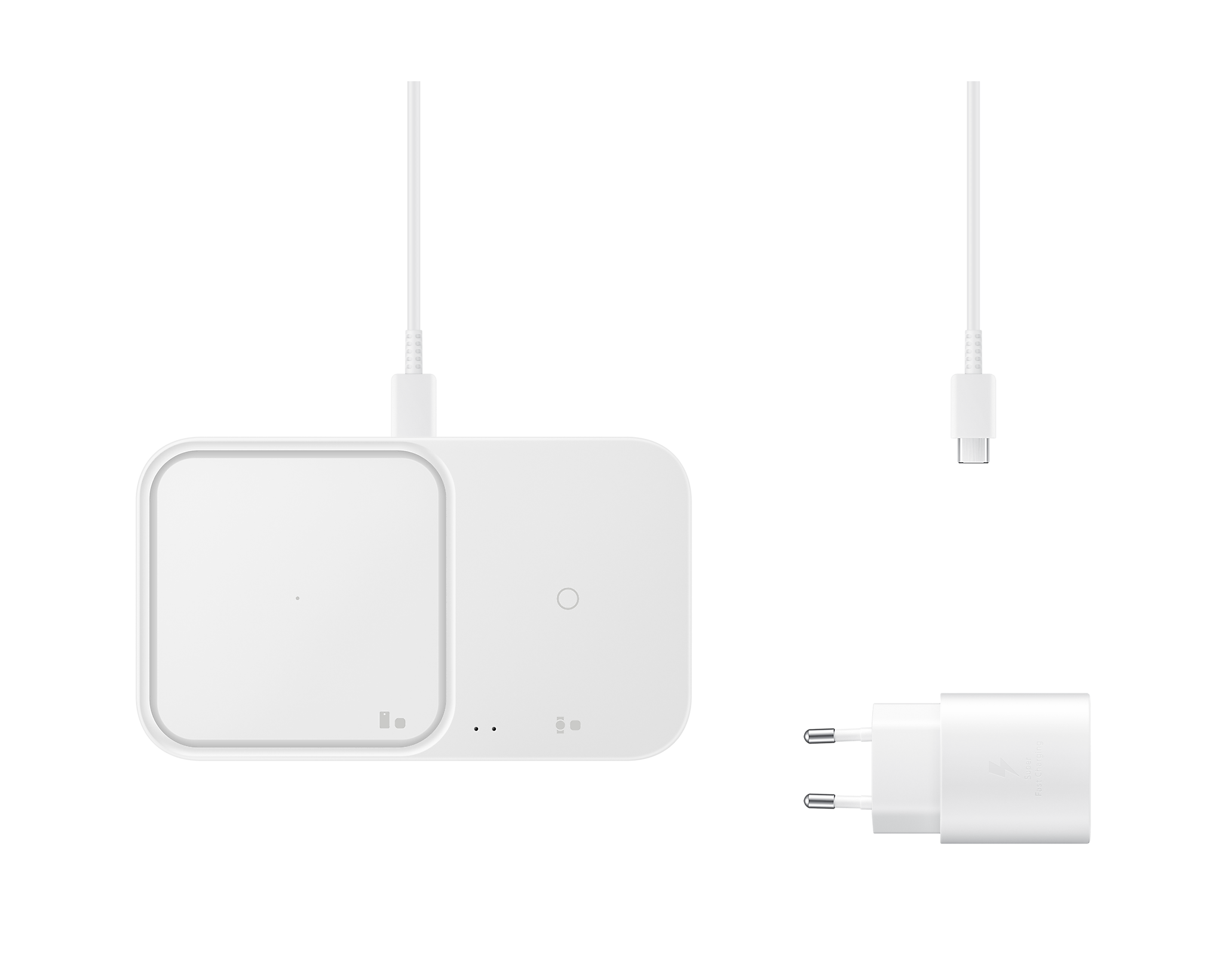 Base de carga inalámbrica blanca con cargador y cable.