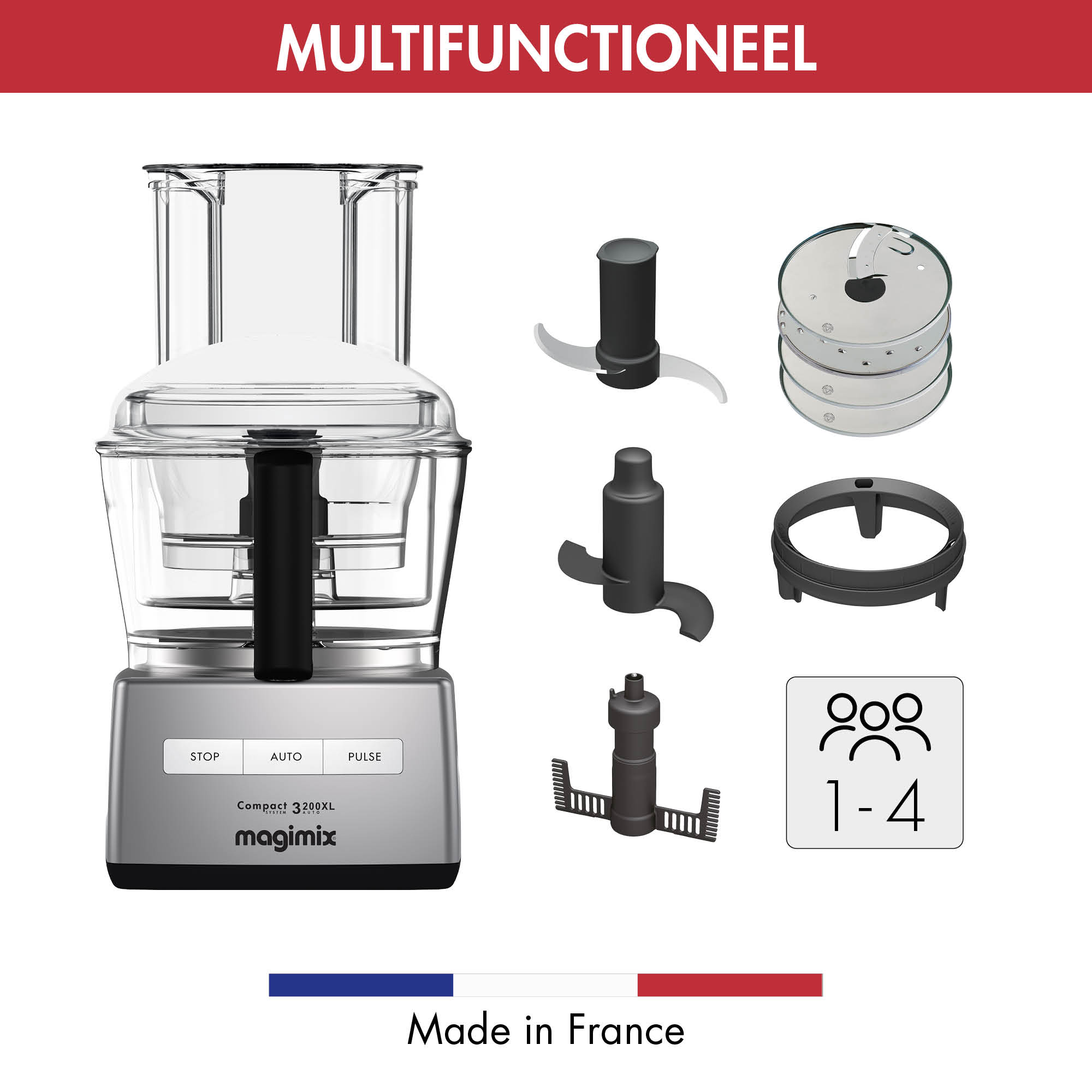 Silver food processor, with attachments and a 1-4 people icon, on a white background.