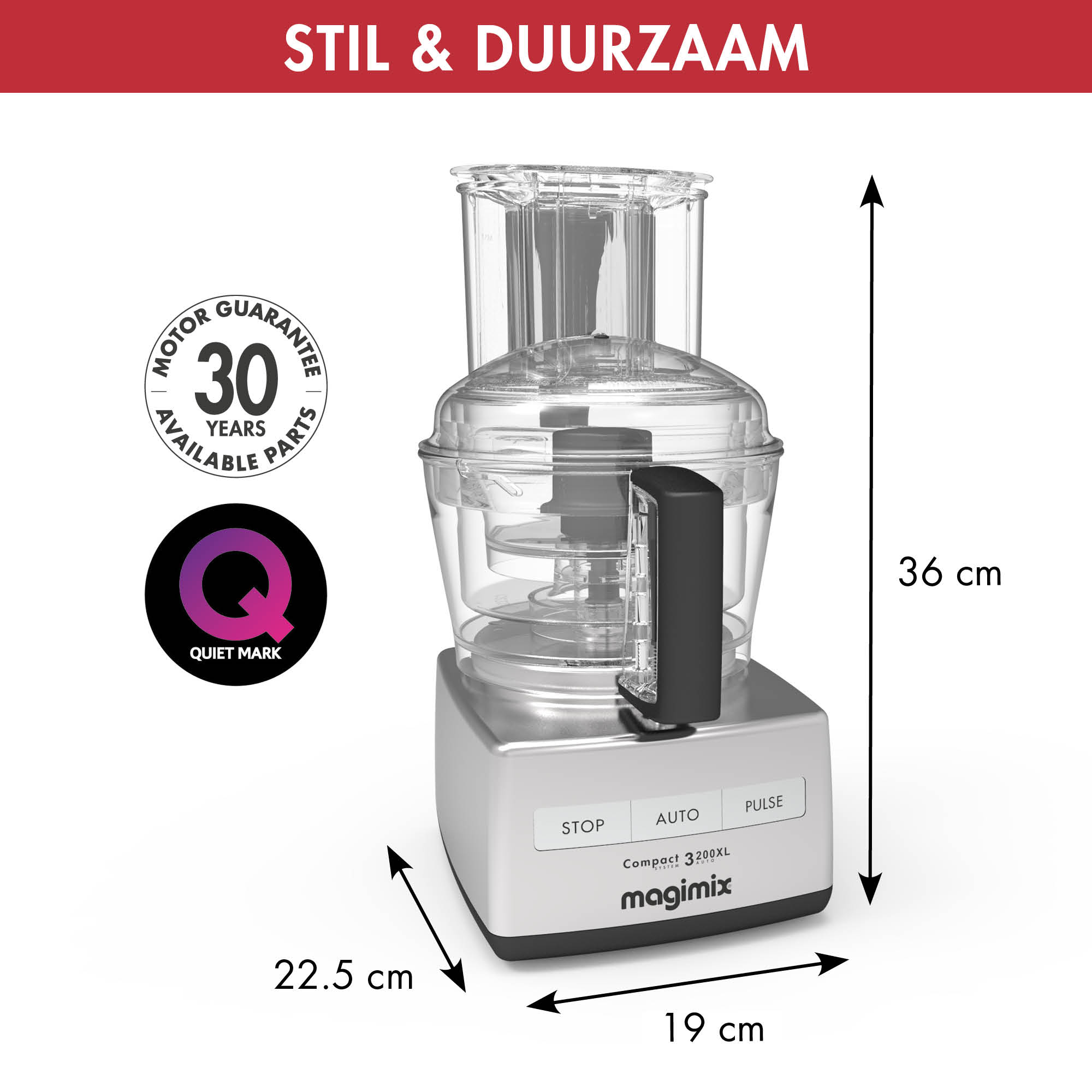 A silver and black food processor with dimensions.