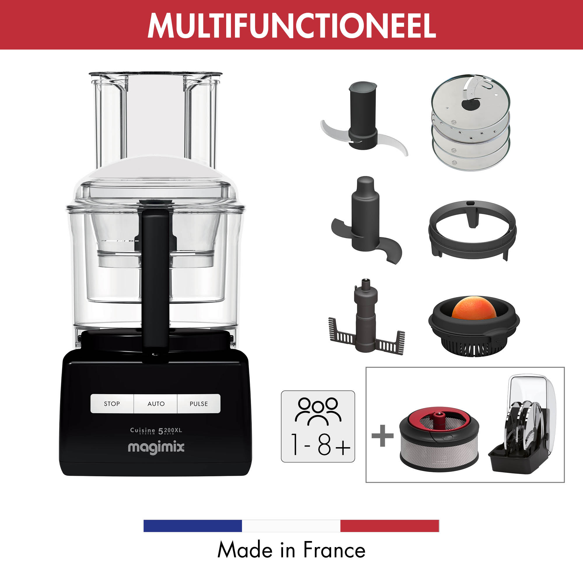 Food processor with various accessories, including blades and a filter. Made in France.