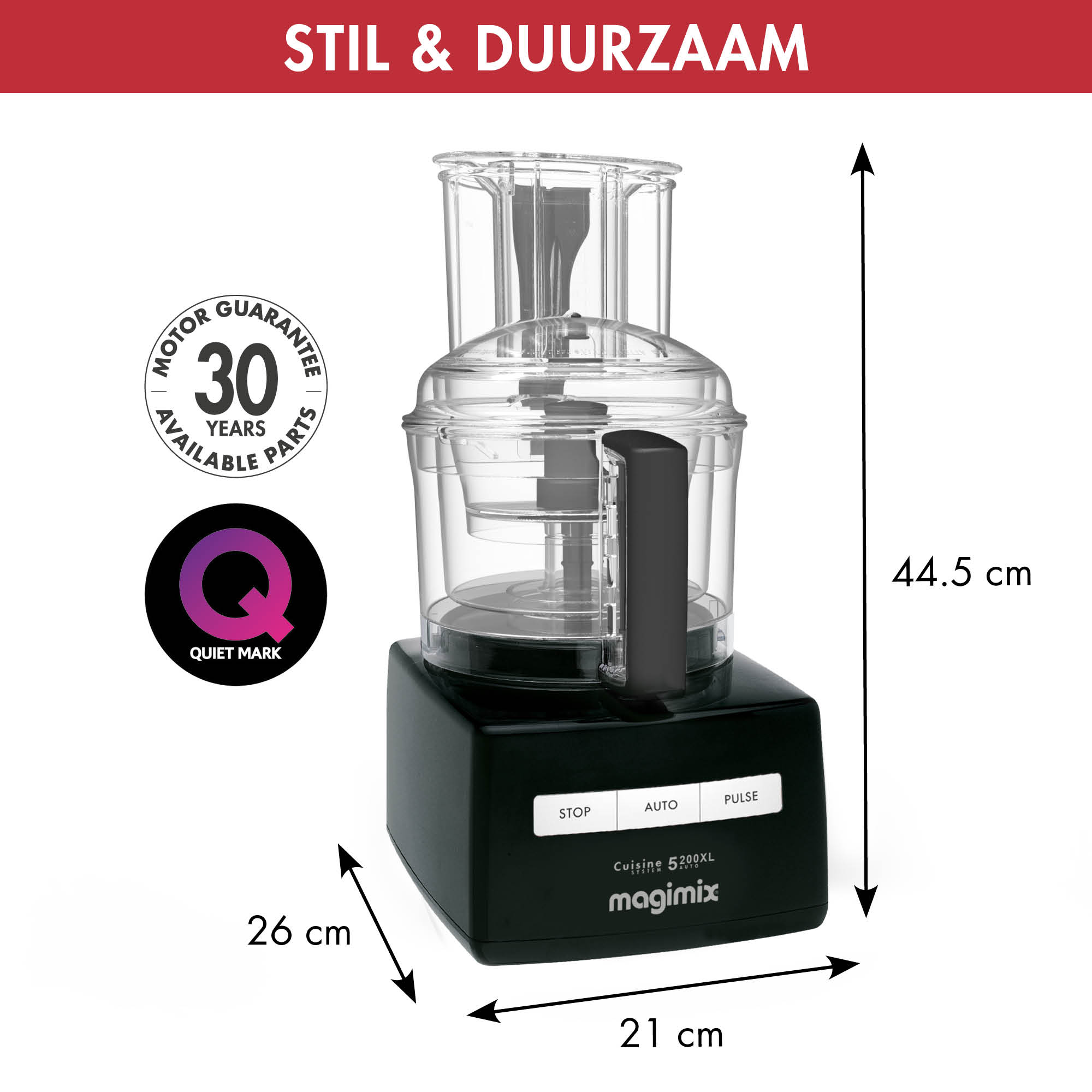 A black food processor with dimensions listed: 26cm wide, 21cm deep, and 44.5cm tall, with labels.