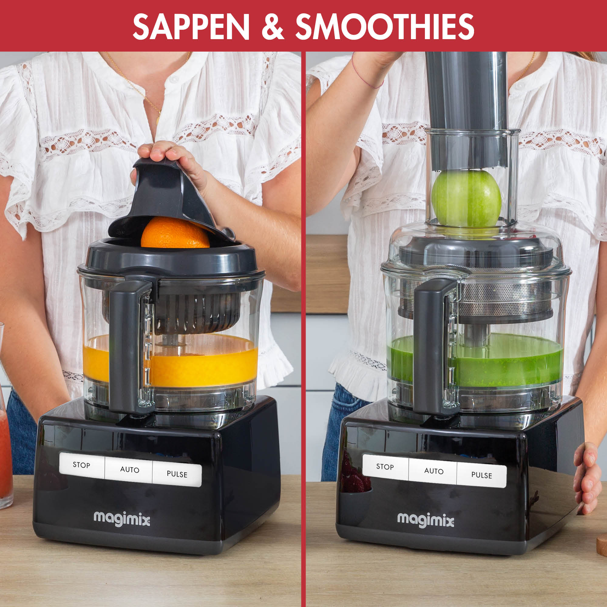 Two juicer machines, one with orange, one with green apple. Woman making juice.