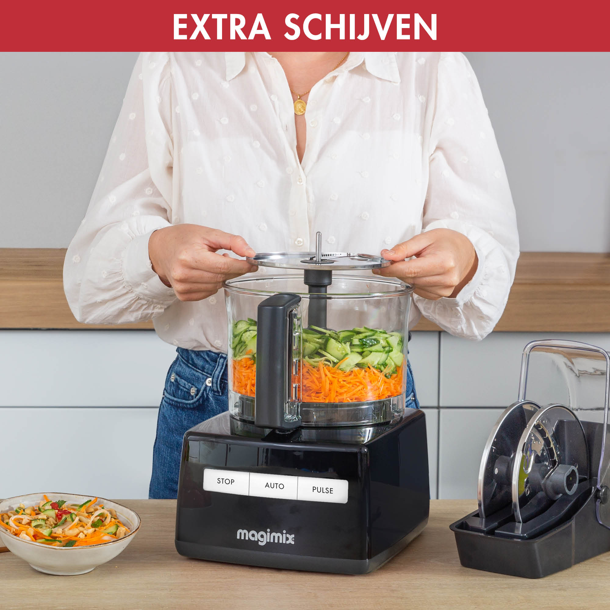 Woman putting a blade on a food processor, with text: extra slices.