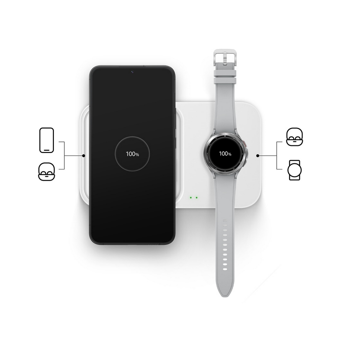 Smartphone negro y reloj inteligente gris en un cargador inalámbrico blanco, ambos al 100%.