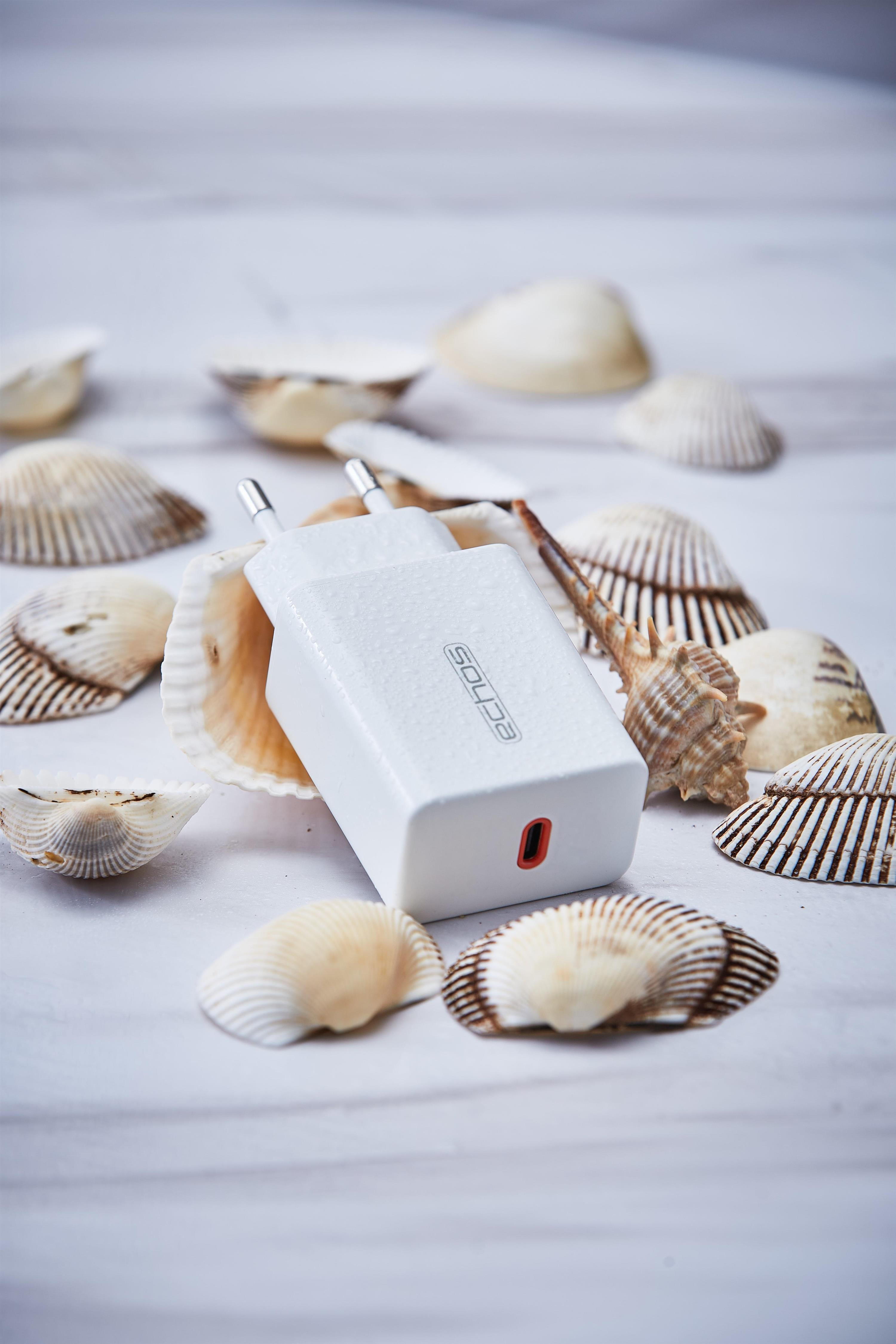 Ein weißes Telefonladegerät mit Logo, umgeben von Muscheln auf weißer Holzoberfläche.
