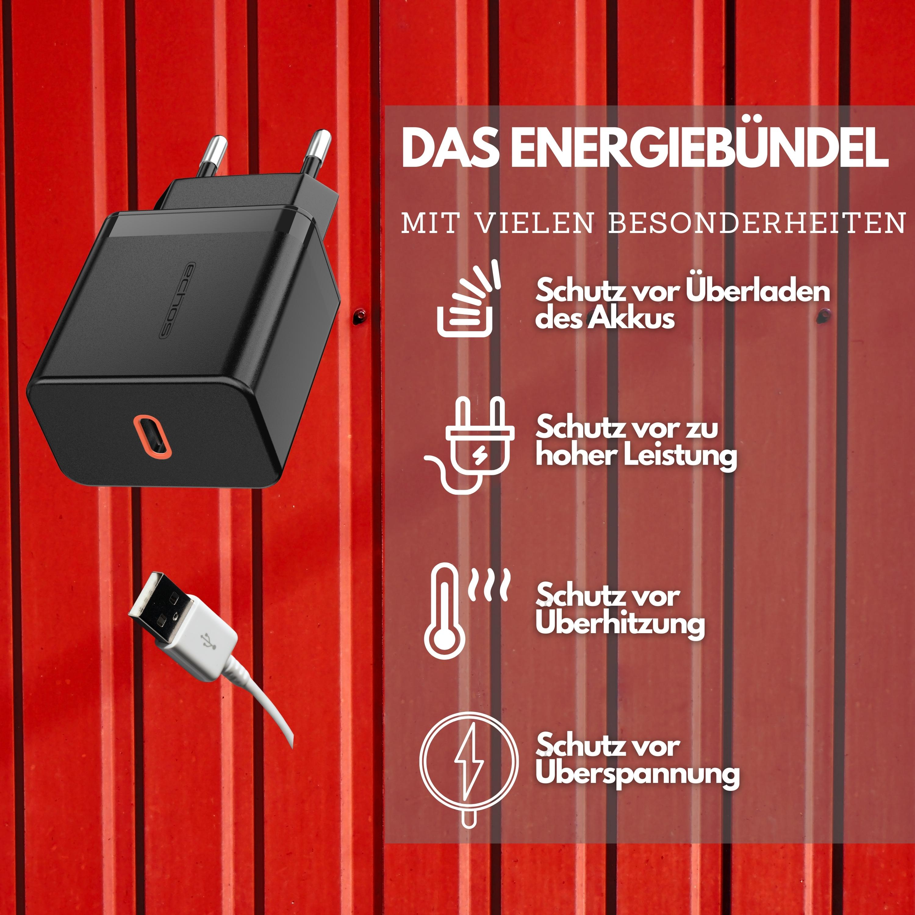 Schwarzes Ladegerät, weißes Kabel. Text über Funktionen, einschließlich Überlast- und Überspannungsschutz.