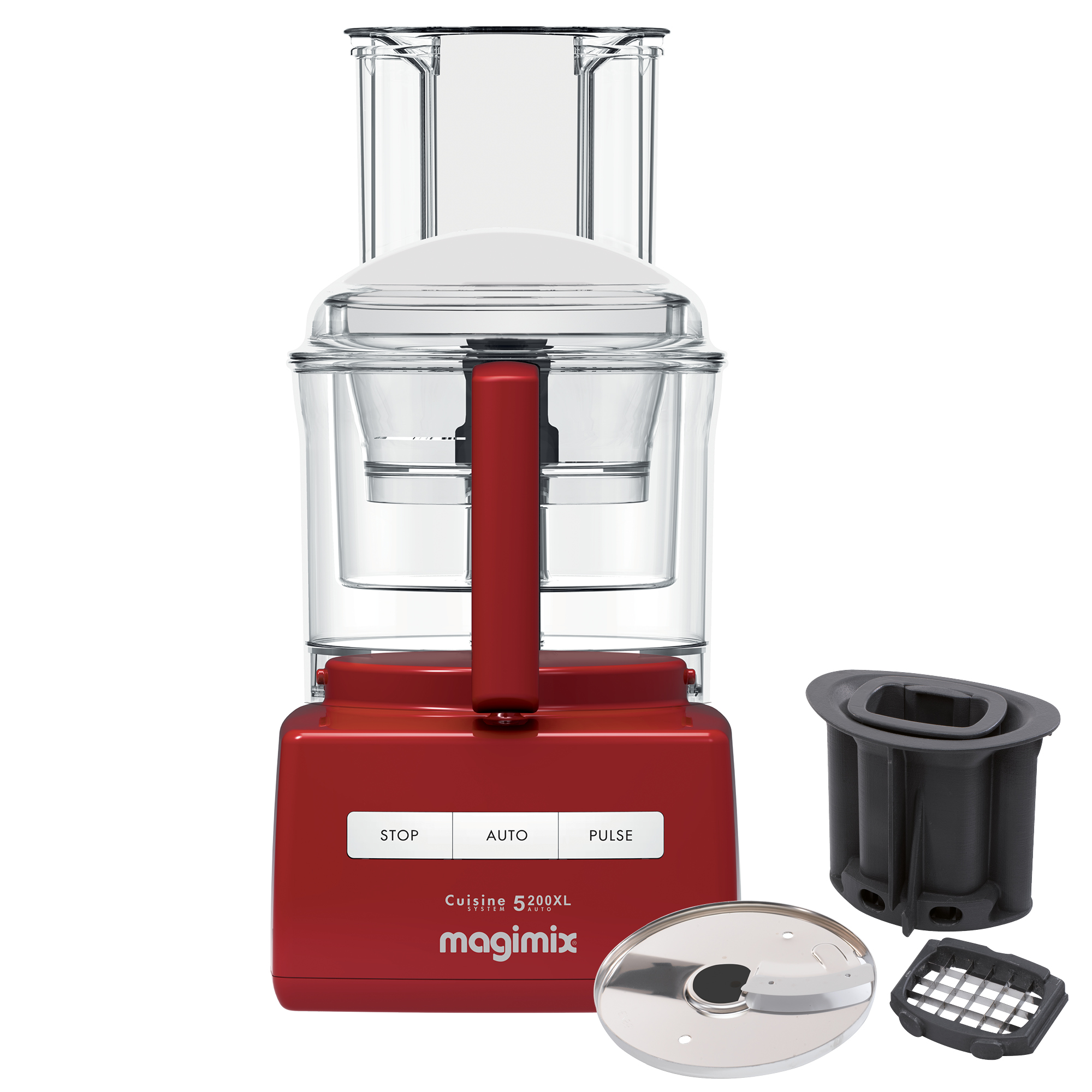 Robot culinaire rouge avec accessoires. La machine a une base rouge et des parties transparentes.