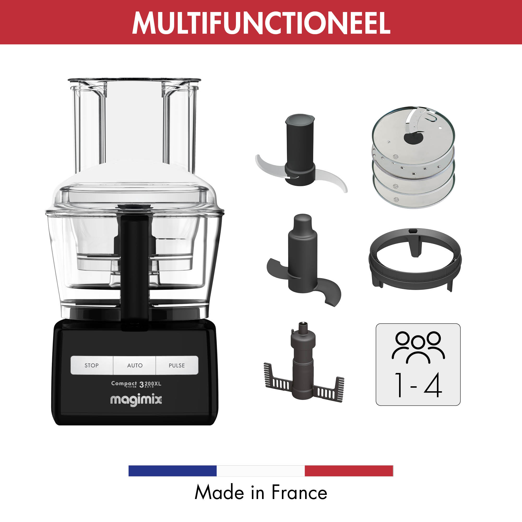Black food processor with accessories and a people icon for 1-4 servings.