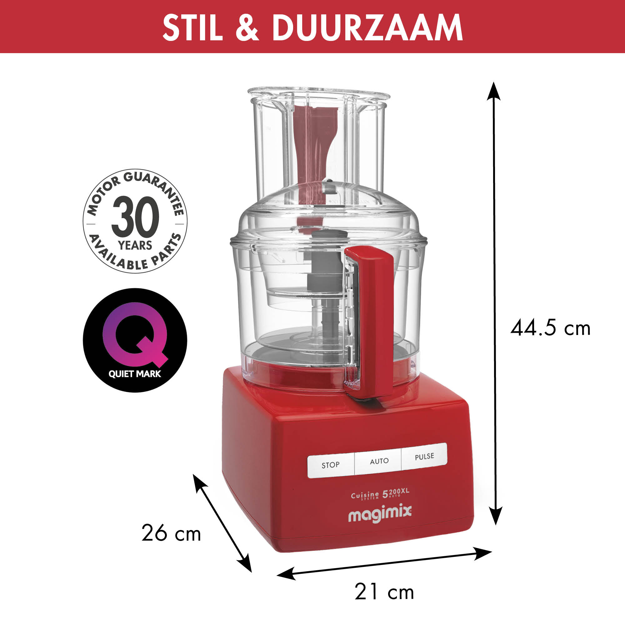 Robot culinaire rouge avec bols transparents et garantie moteur de 30 ans. Dimensions indiquées.