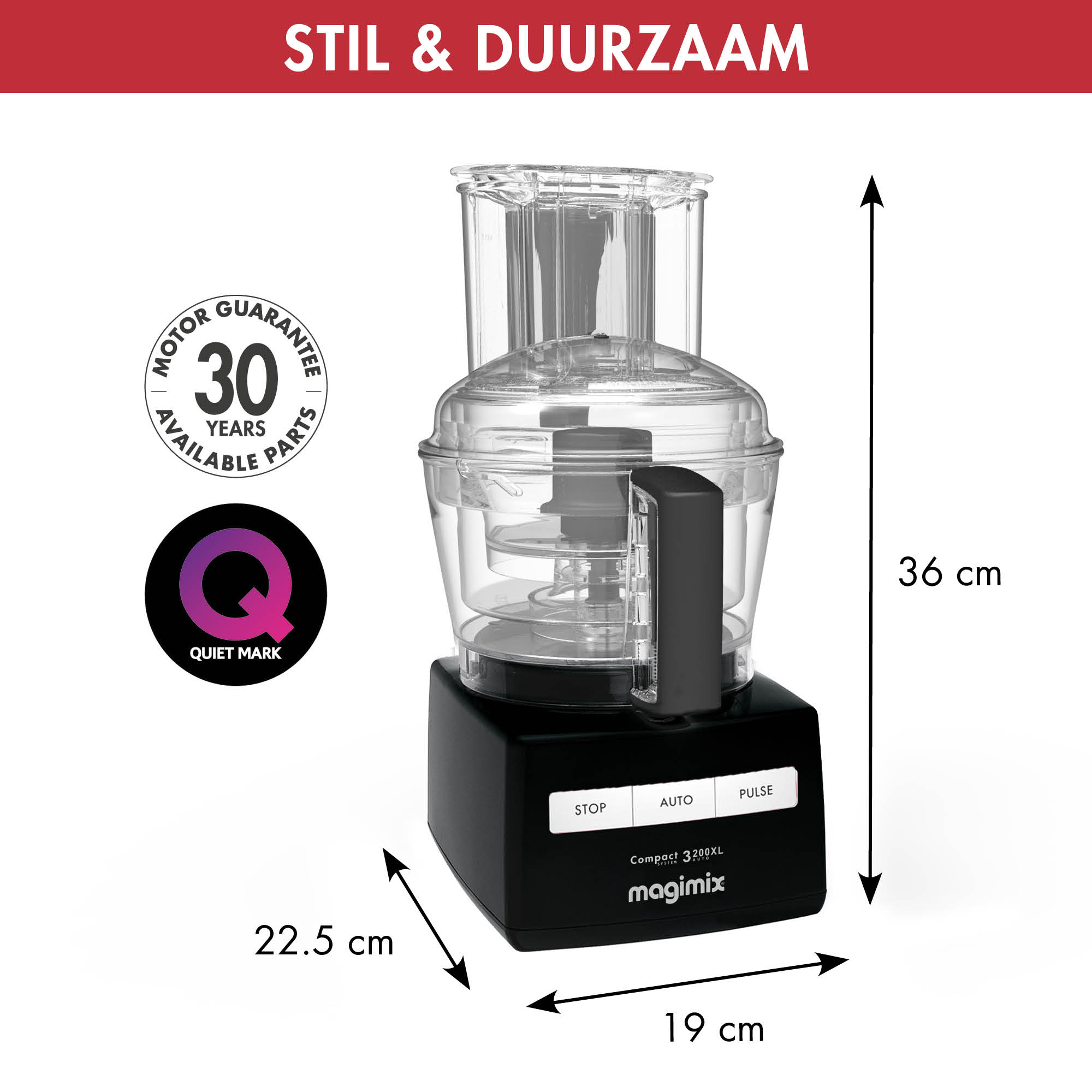 Black food processor with dimensions. Reads 36cm high, 22.5cm wide, and 19cm deep.