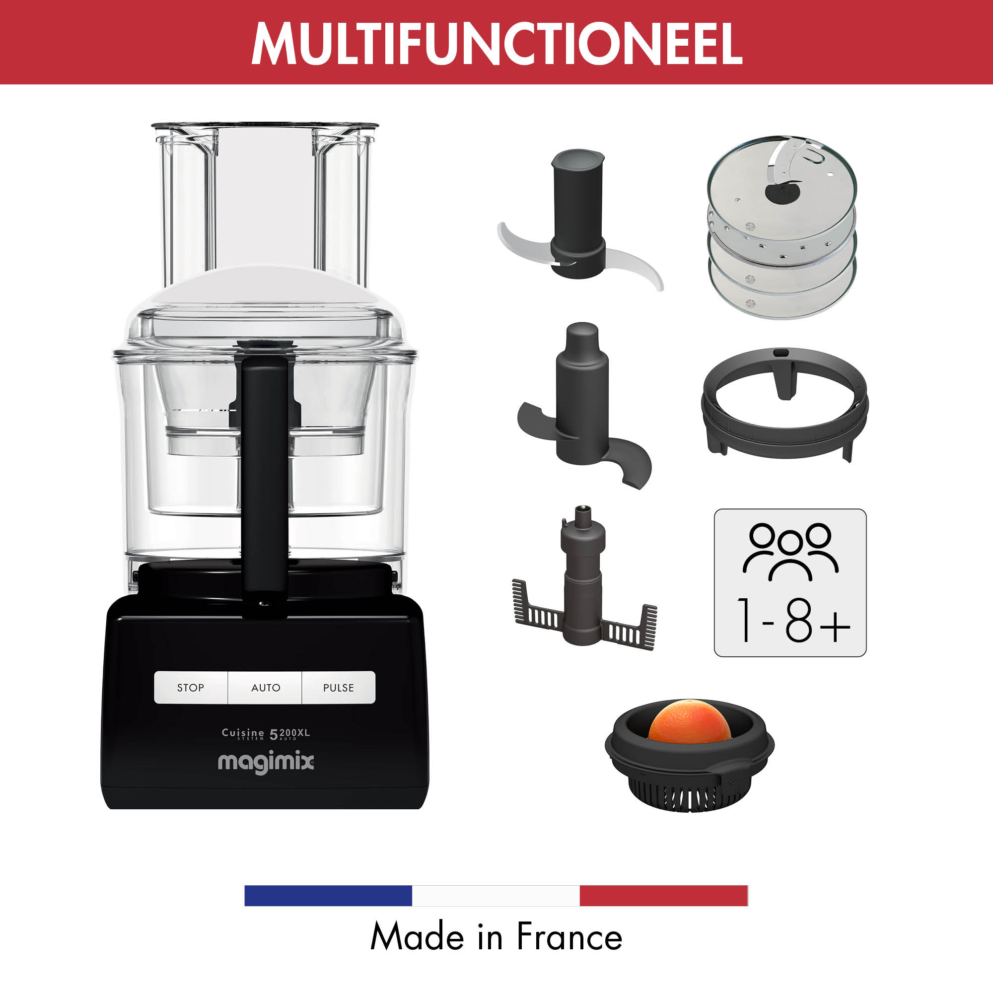 Black food processor, attachments, and 1-8+ people icon, on a white background.