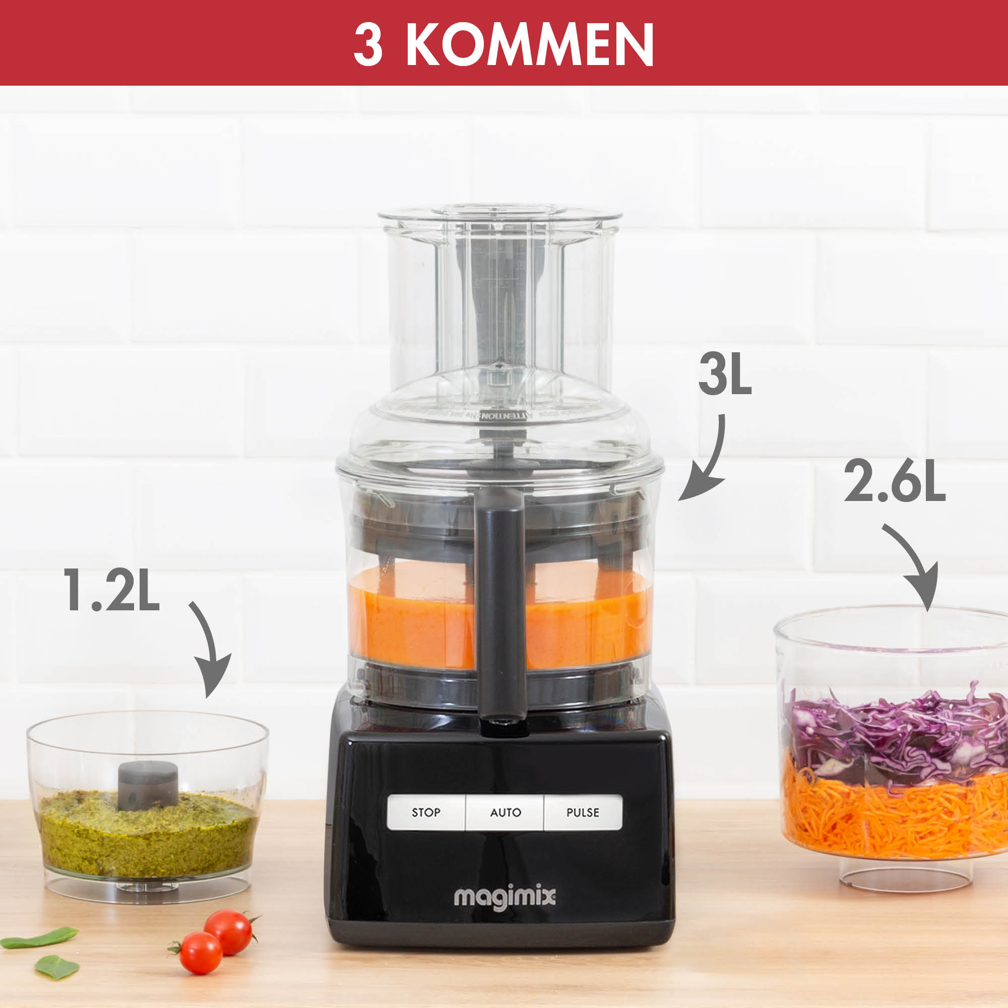 A food processor with different ingredients in the bowls. 1.2L, 2.6L, and 3L.