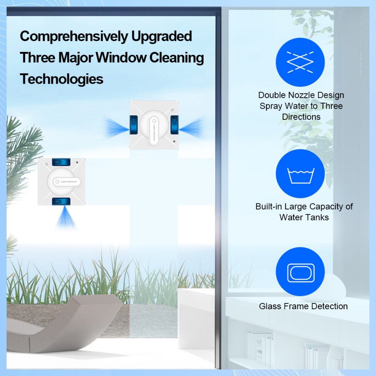 Fensterputzroboter sprüht Wasser, Diagramme zu Funktionen, Fenster, Hintergrund im Freien.