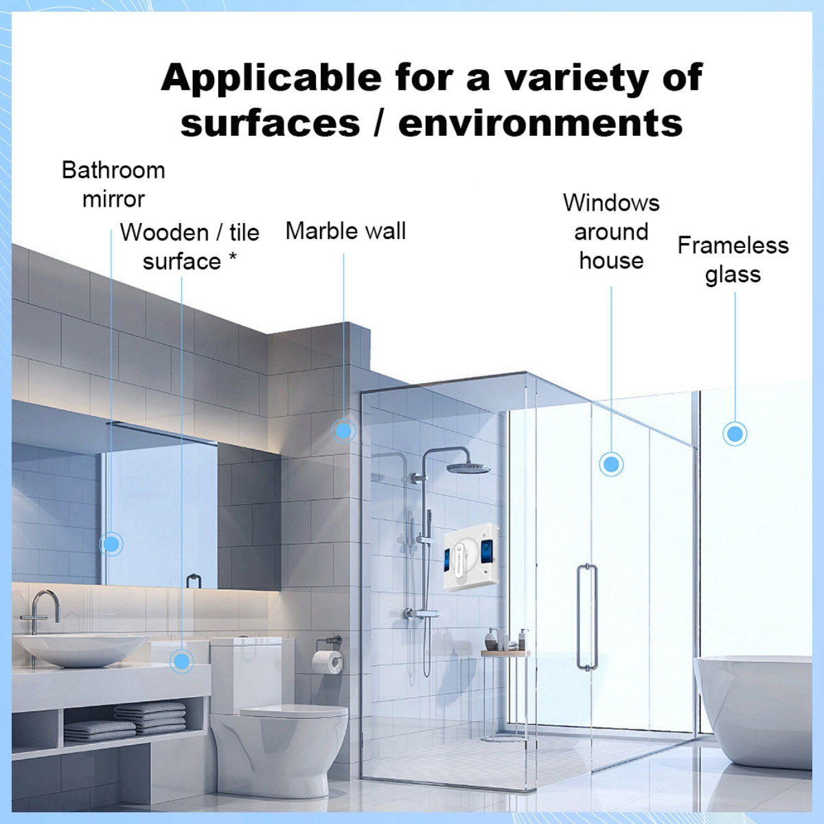 Badezimmer mit Spiegel, Dusche und rahmenlosem Glas. Text: Für verschiedene Oberflächen/Umgebungen geeignet.