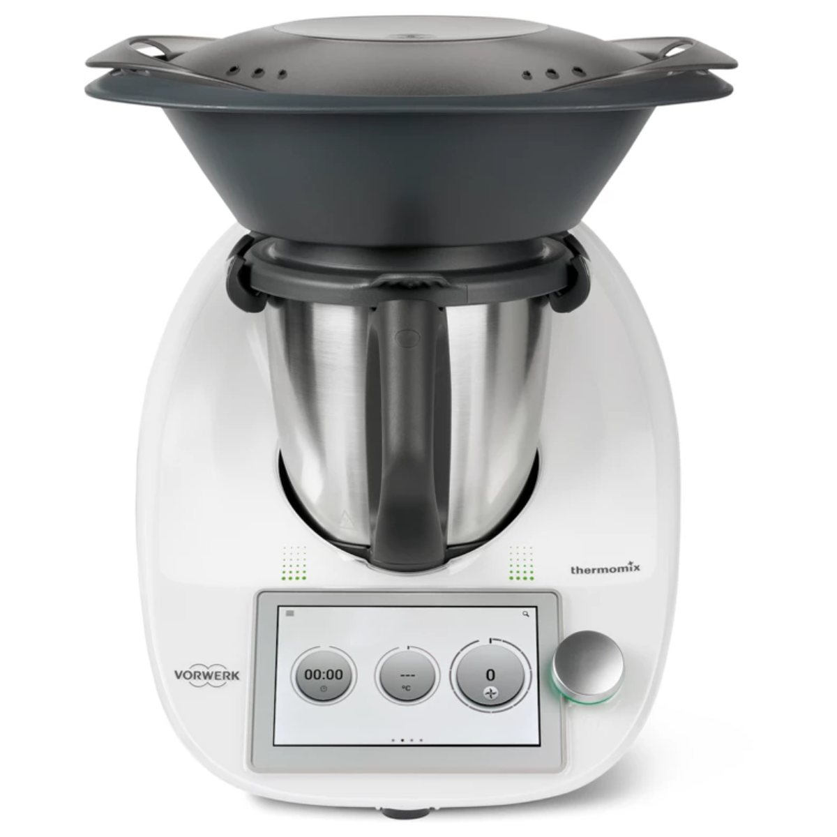 Procesador de alimentos Thermomix blanco con tapa negra y pantalla táctil.
