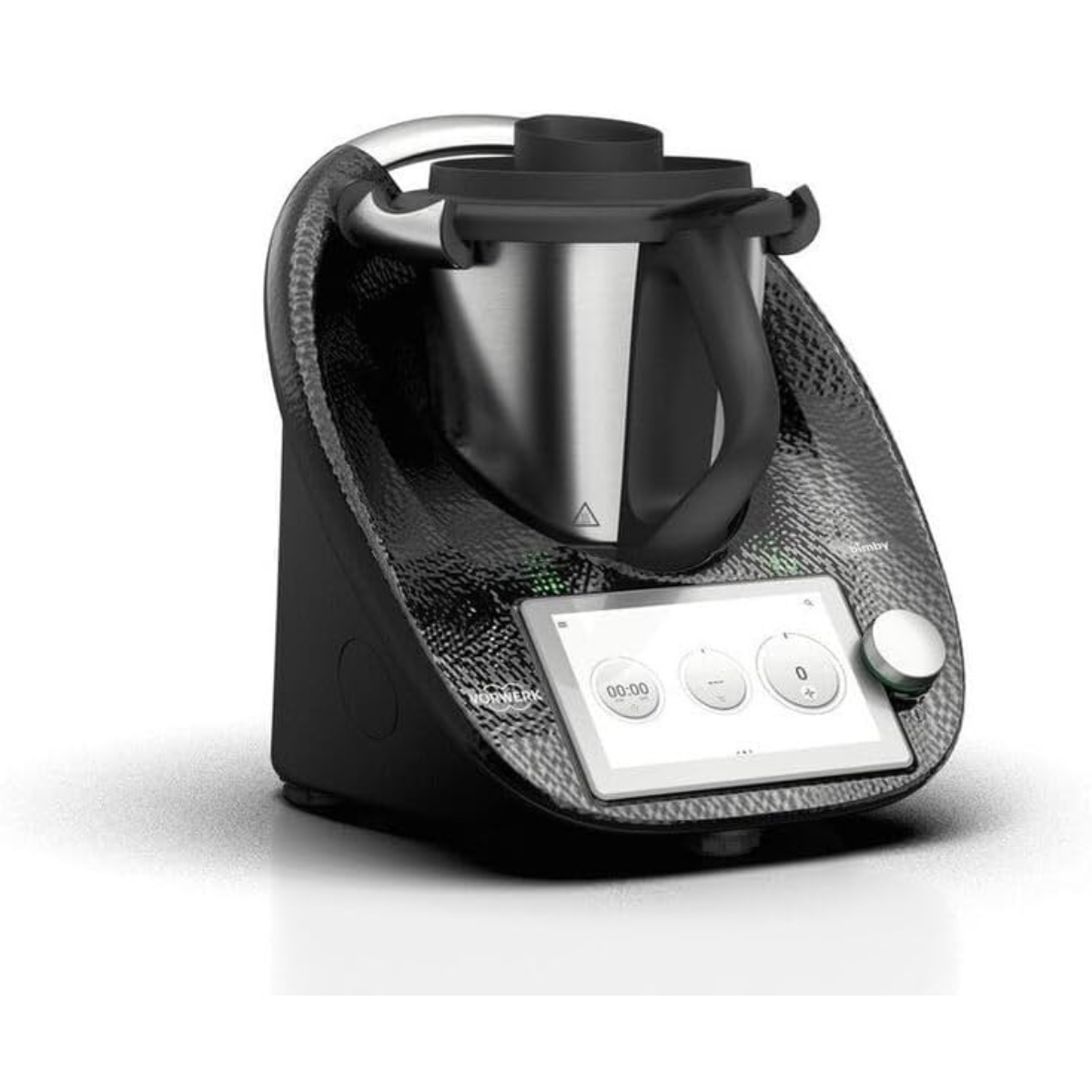 Un electrodoméstico de cocina negro con pantalla táctil y un recipiente plateado en su interior.
