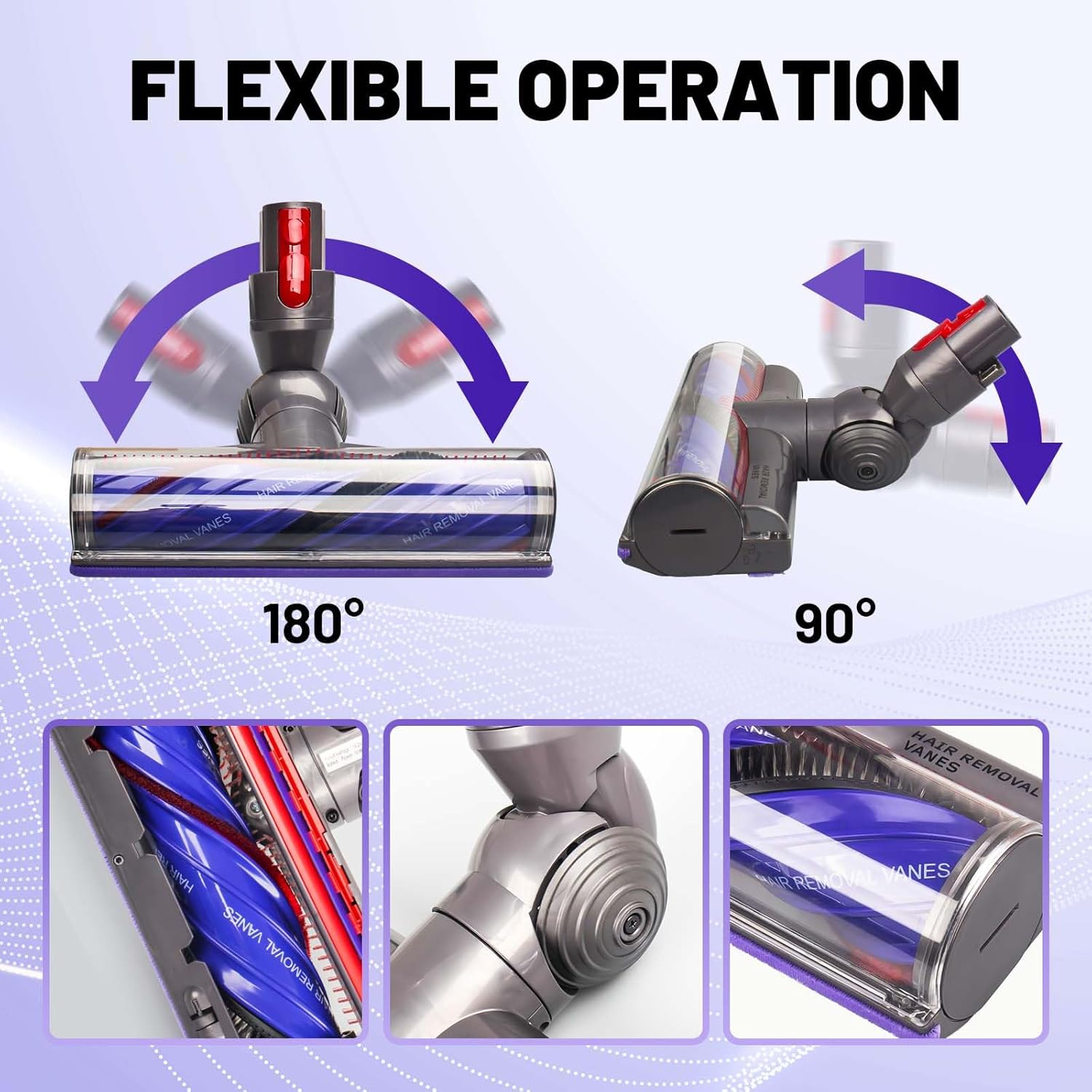 Głowica odkurzacza z obrotem 180 i 90 stopni. Szczegóły pokazują szczotkę i jej części.