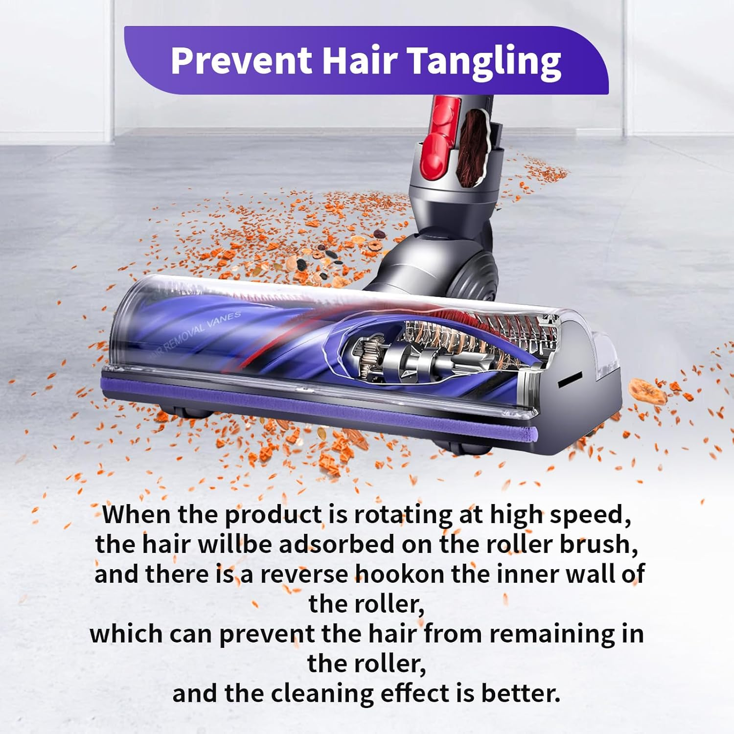 Głowica odkurzacza, z włosami zaplątanymi wokół szczotki rolkowej, funkcja zapobiegania plątaniu się.