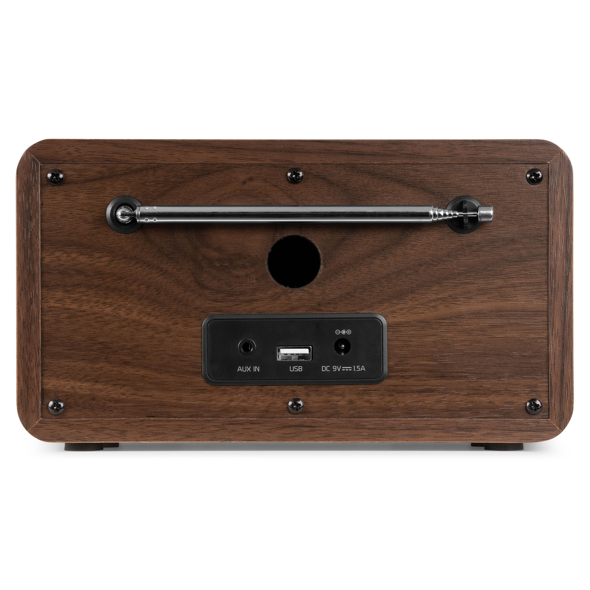 Parte trasera de una radio de madera con antena, entrada AUX, USB y CC.