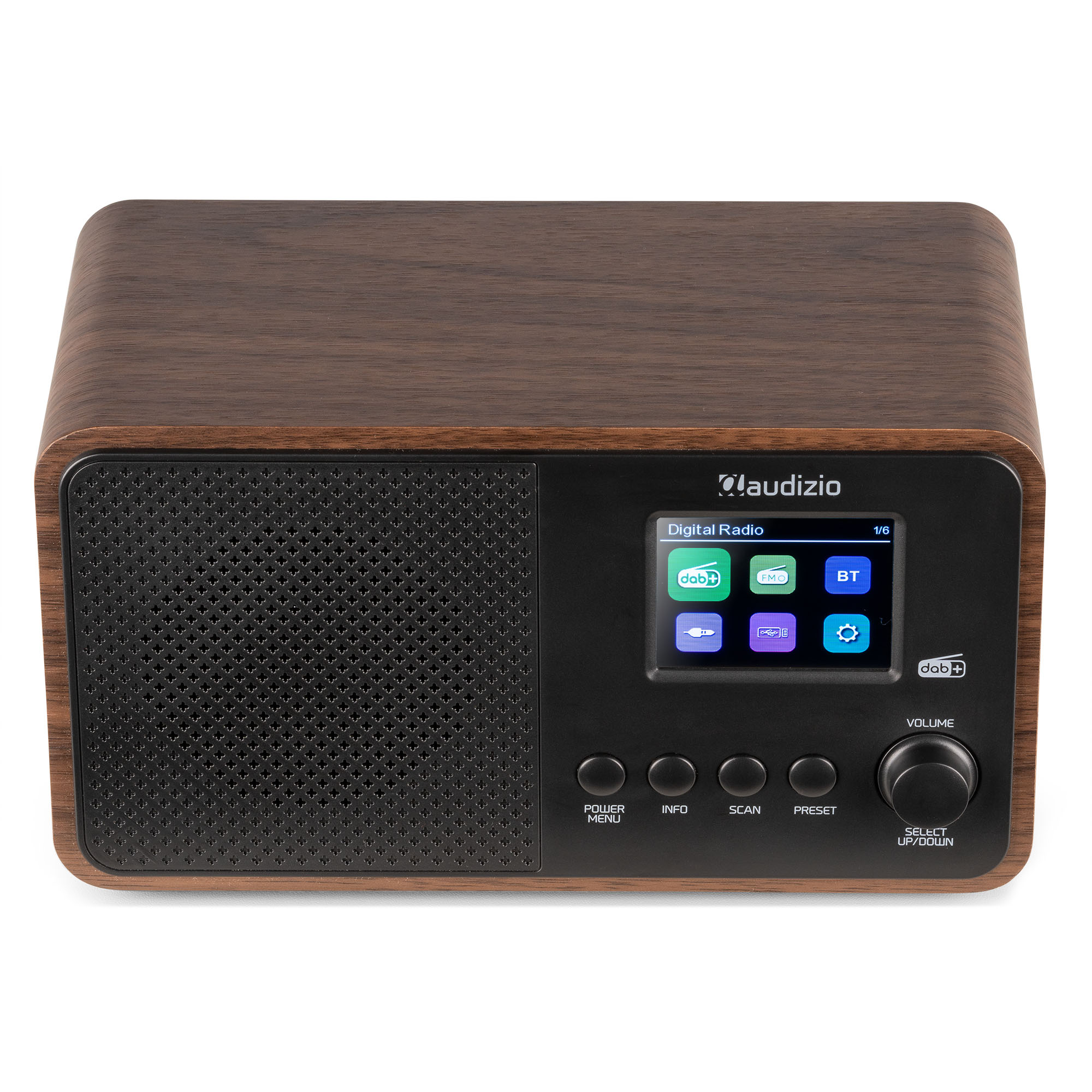 Radio digital de madera oscura con pantalla y botones. Tiene un altavoz y un dial de volumen.