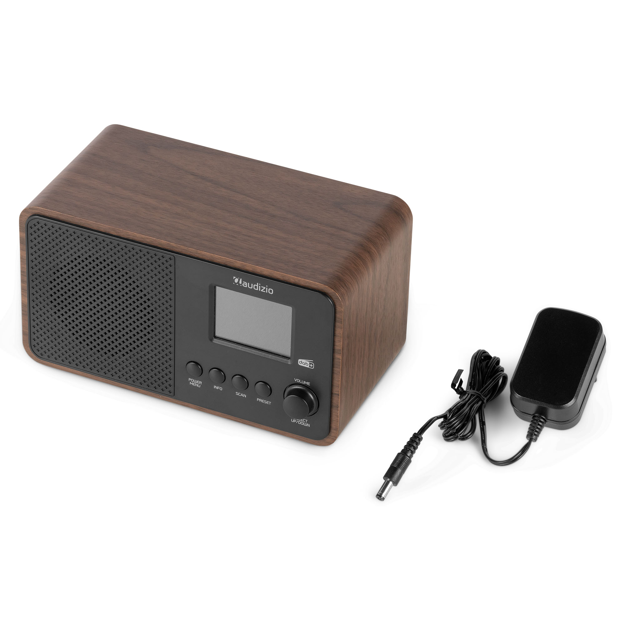Radio con aspecto de madera con pantalla, botones y un adaptador de corriente negro.