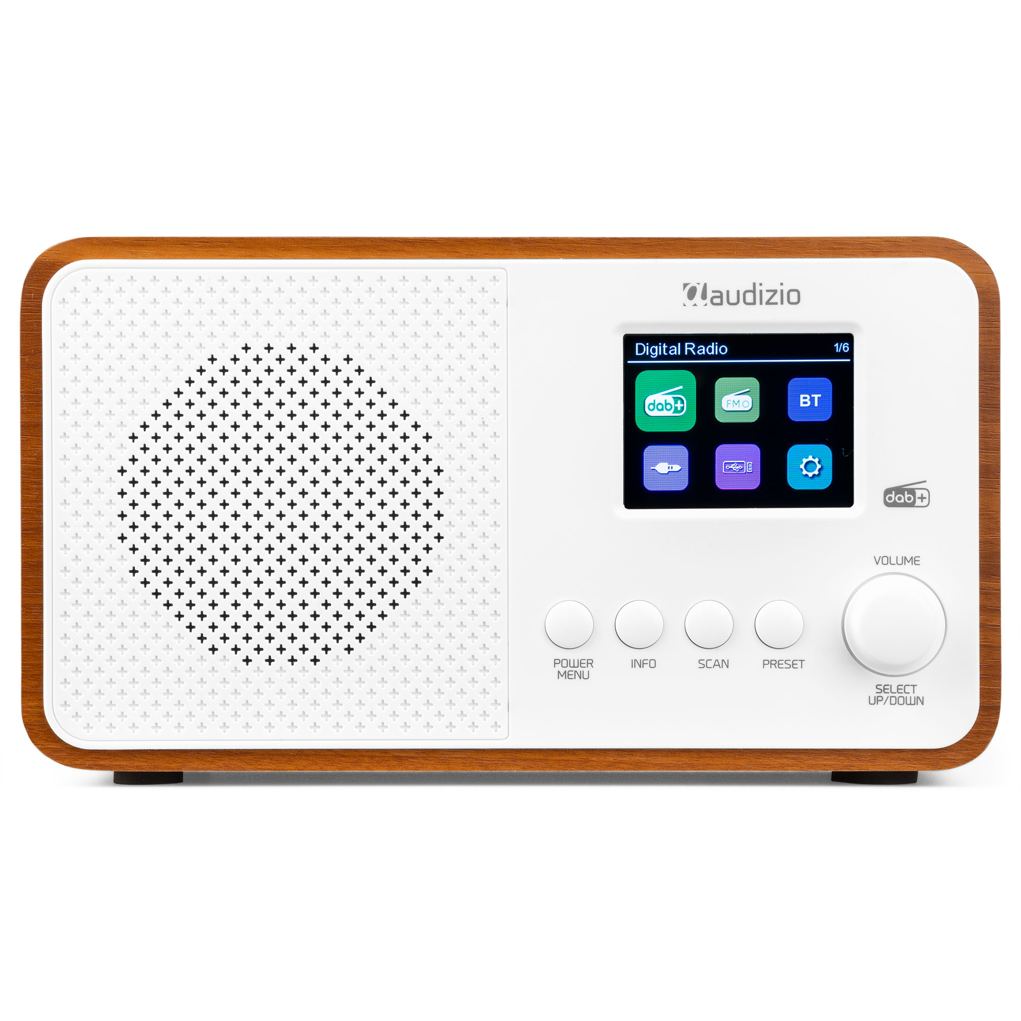 Una radio digital de madera y blanca, con una pequeña pantalla y botones de control.