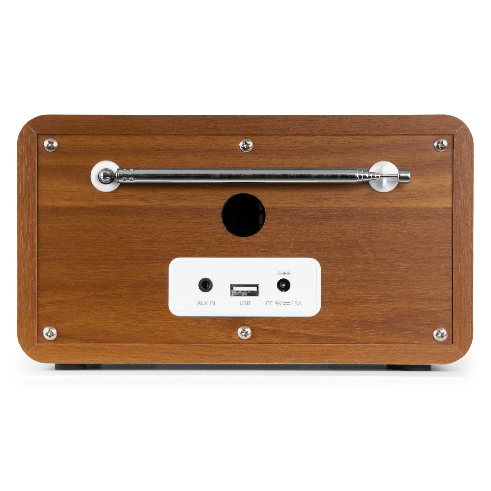 Radio con vetas de madera con antena y puertos. Puertos Aux in, USB y DC 9V 1.5A visibles.