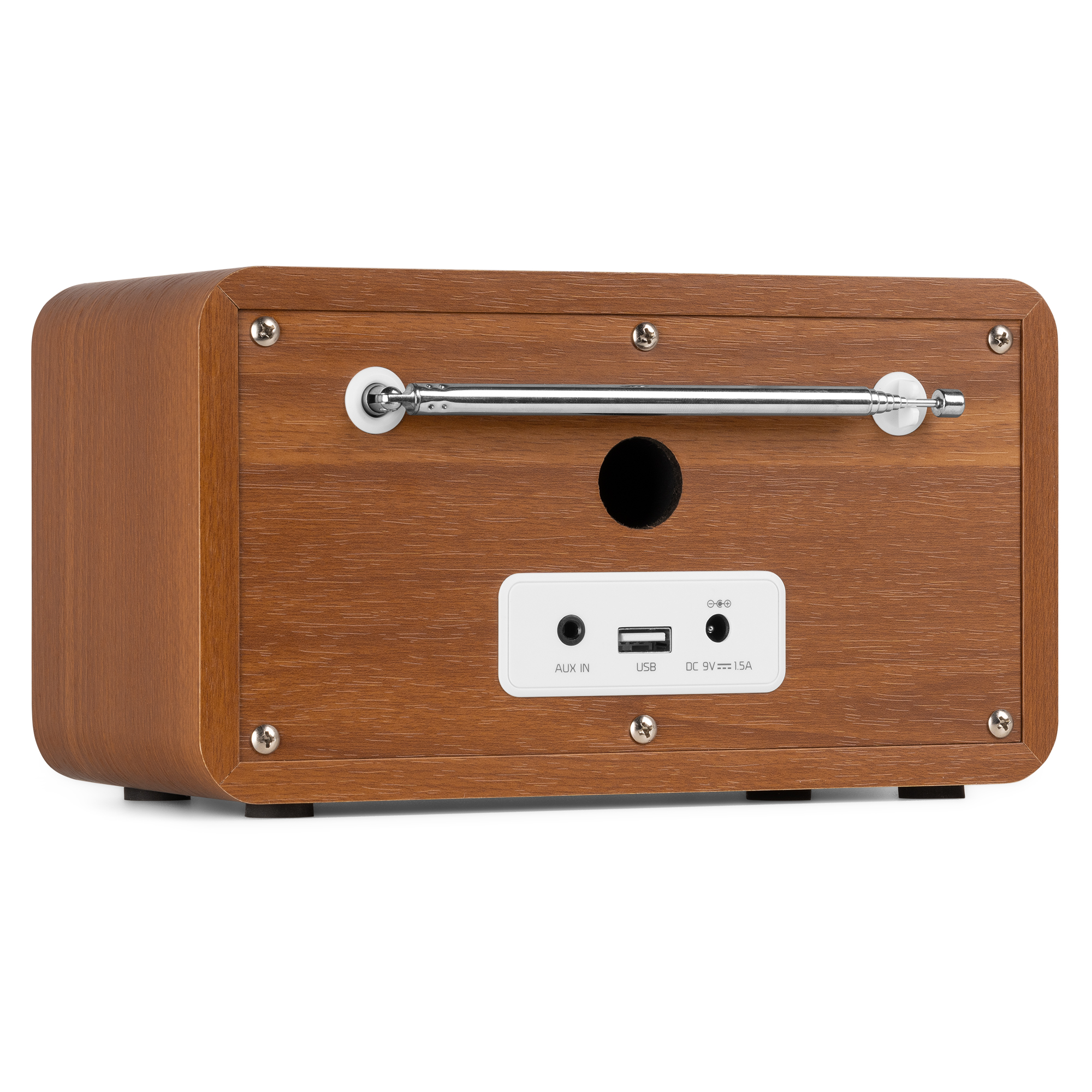 Una radio de madera con puerto USB y antena en la parte trasera.