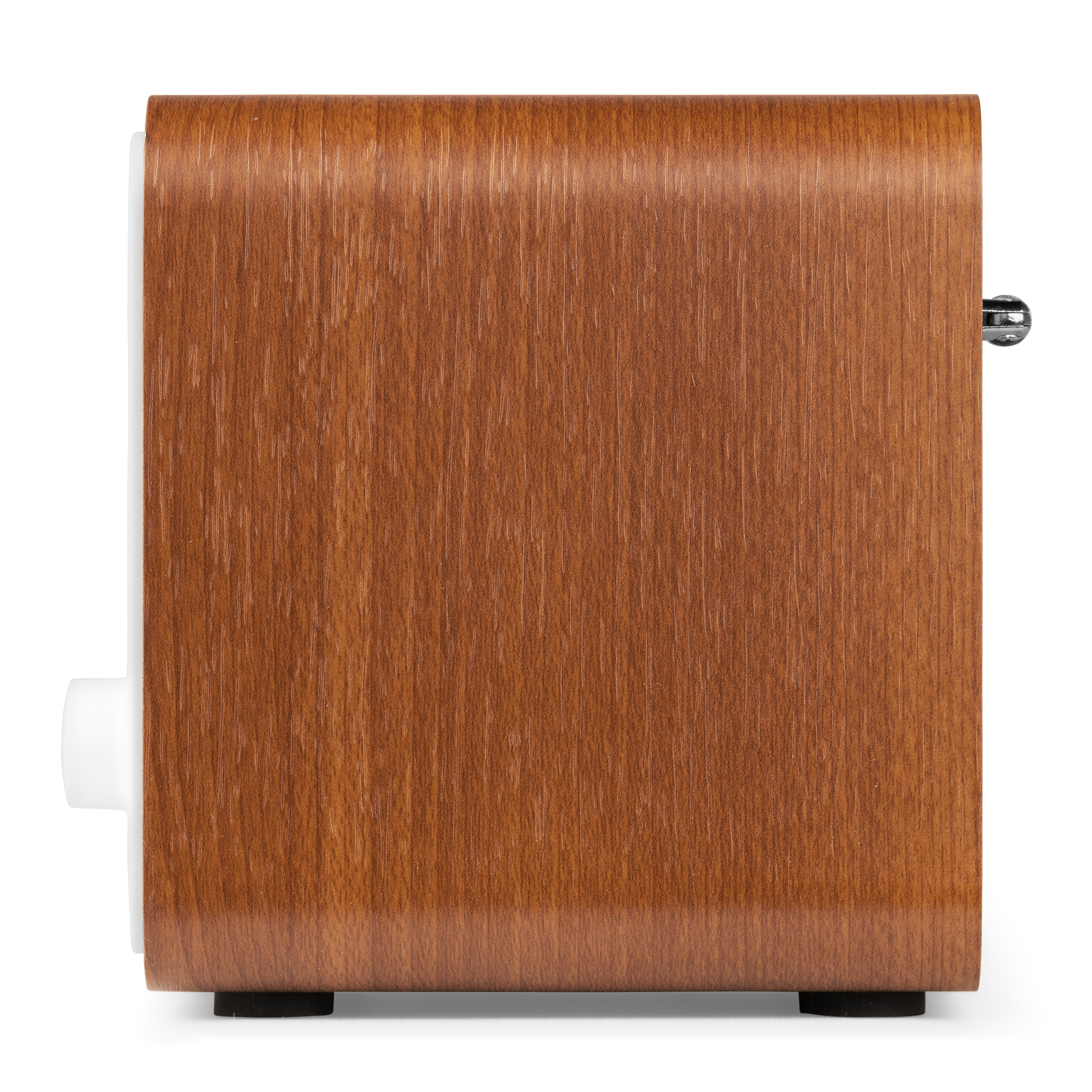 Lado de madera de un dispositivo. Panel blanco a la izquierda, base negra y perilla blanca.