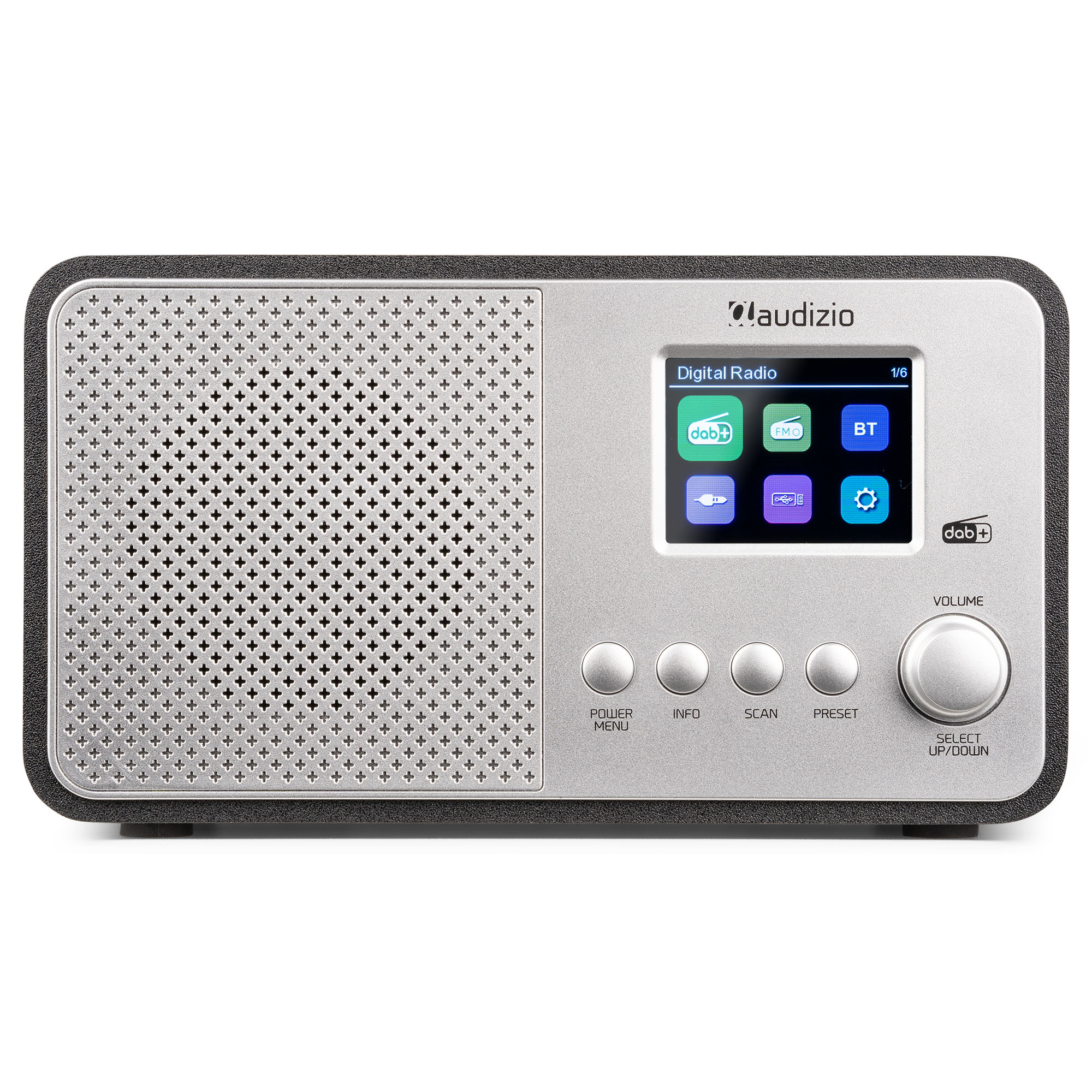 Una radio plateada con altavoz, pantalla y botones negros, con la marca 'audizio'.