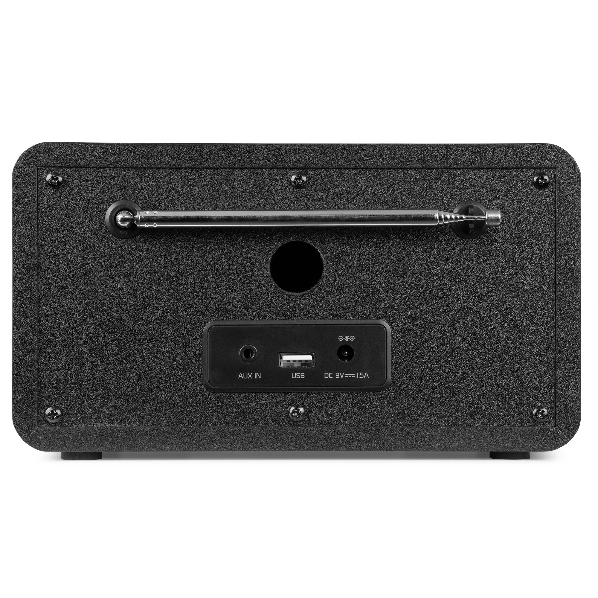 Se muestra la parte trasera de una radio negra, con antena, puertos USB y Aux.