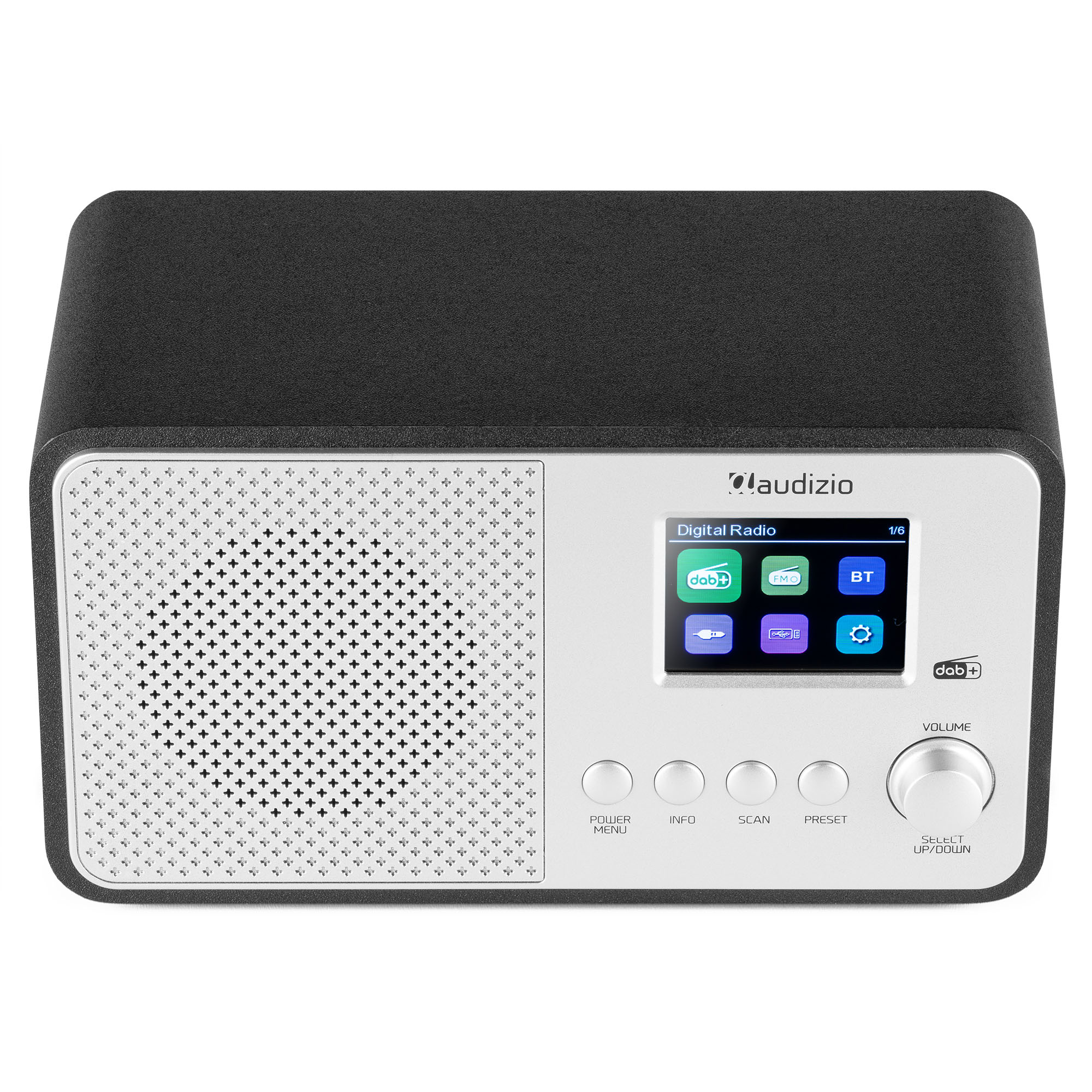 Una radio digital en blanco y negro. Tiene una pantalla, botones y un dial de volumen.