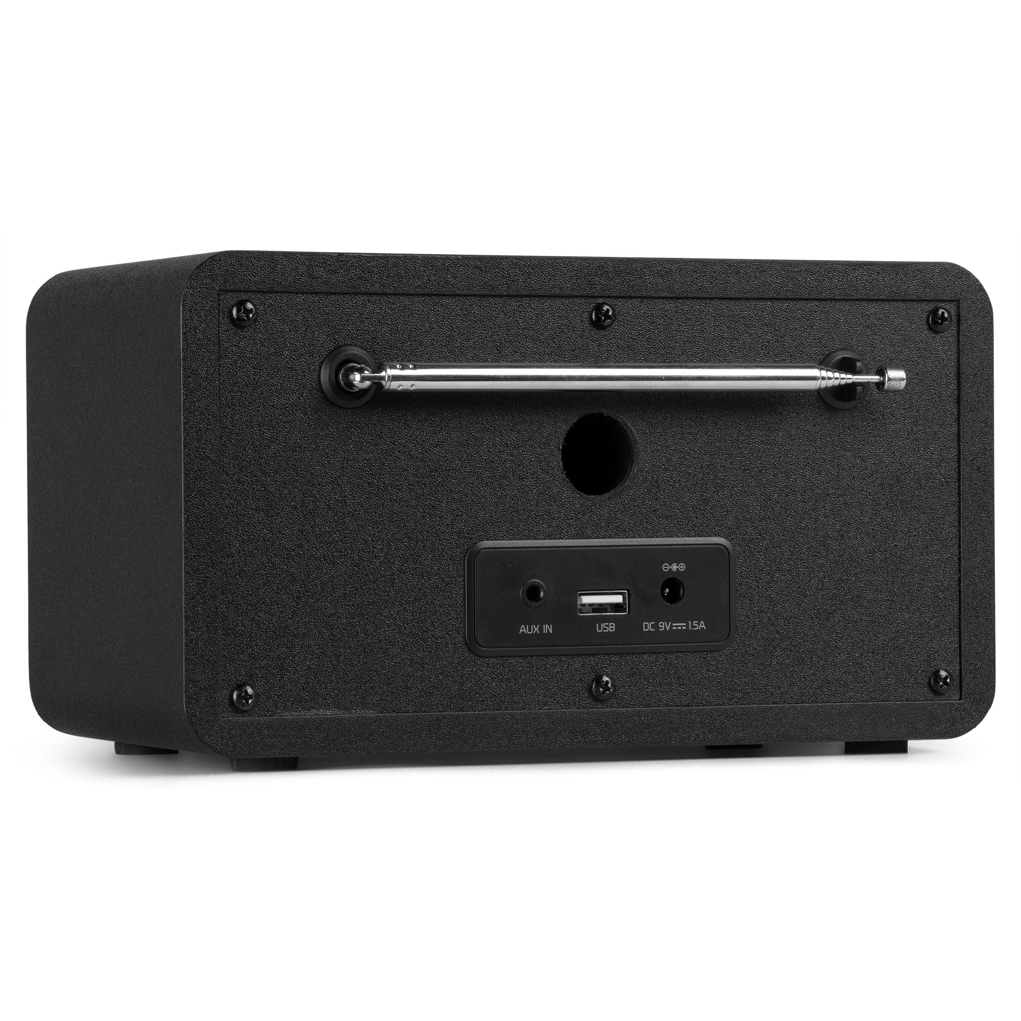 Parte trasera del altavoz negro con entradas aux, usb y alimentación, con antena.