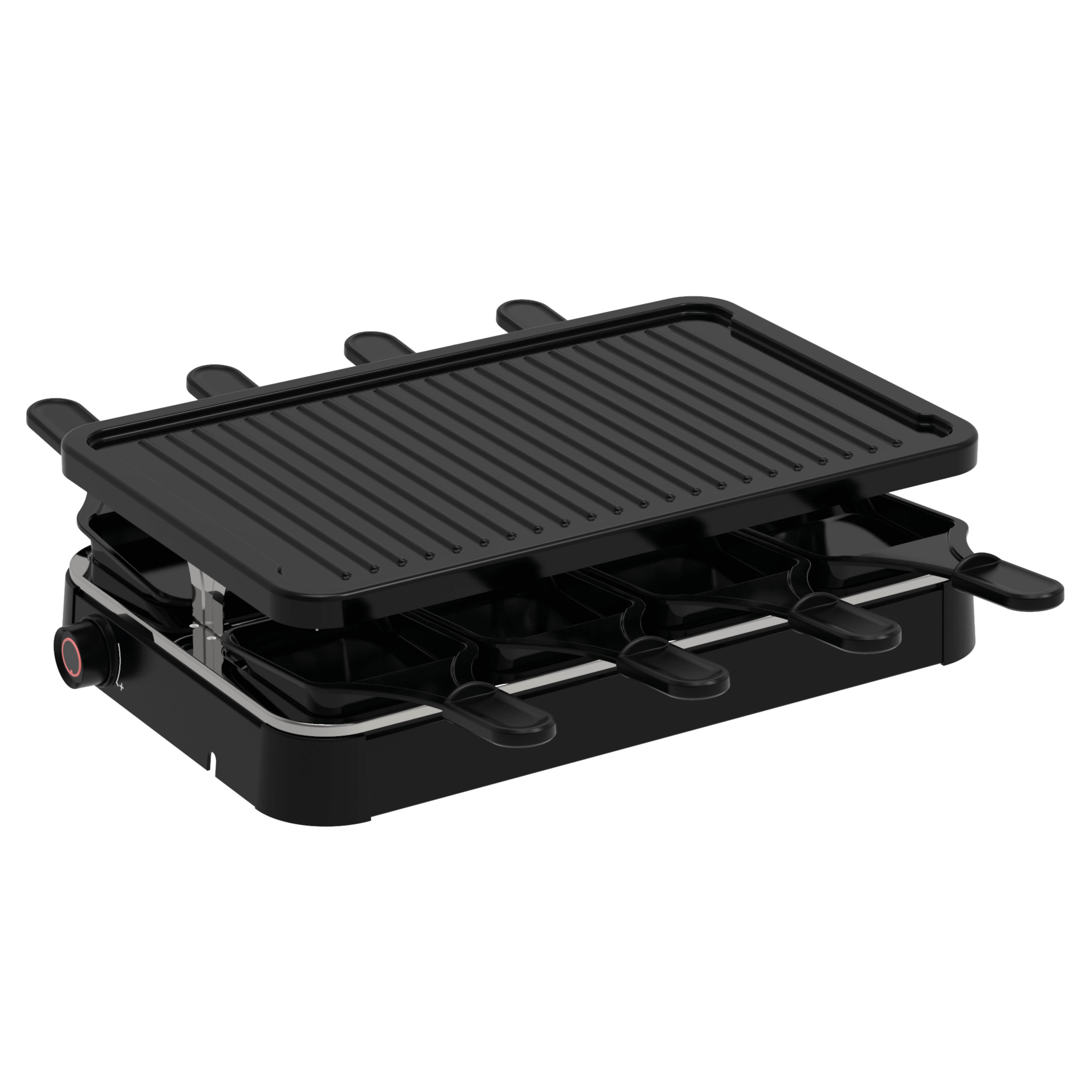 Zwarte raclettegrill met bakplaat en kaasbakjes. Het staat op een witte achtergrond.