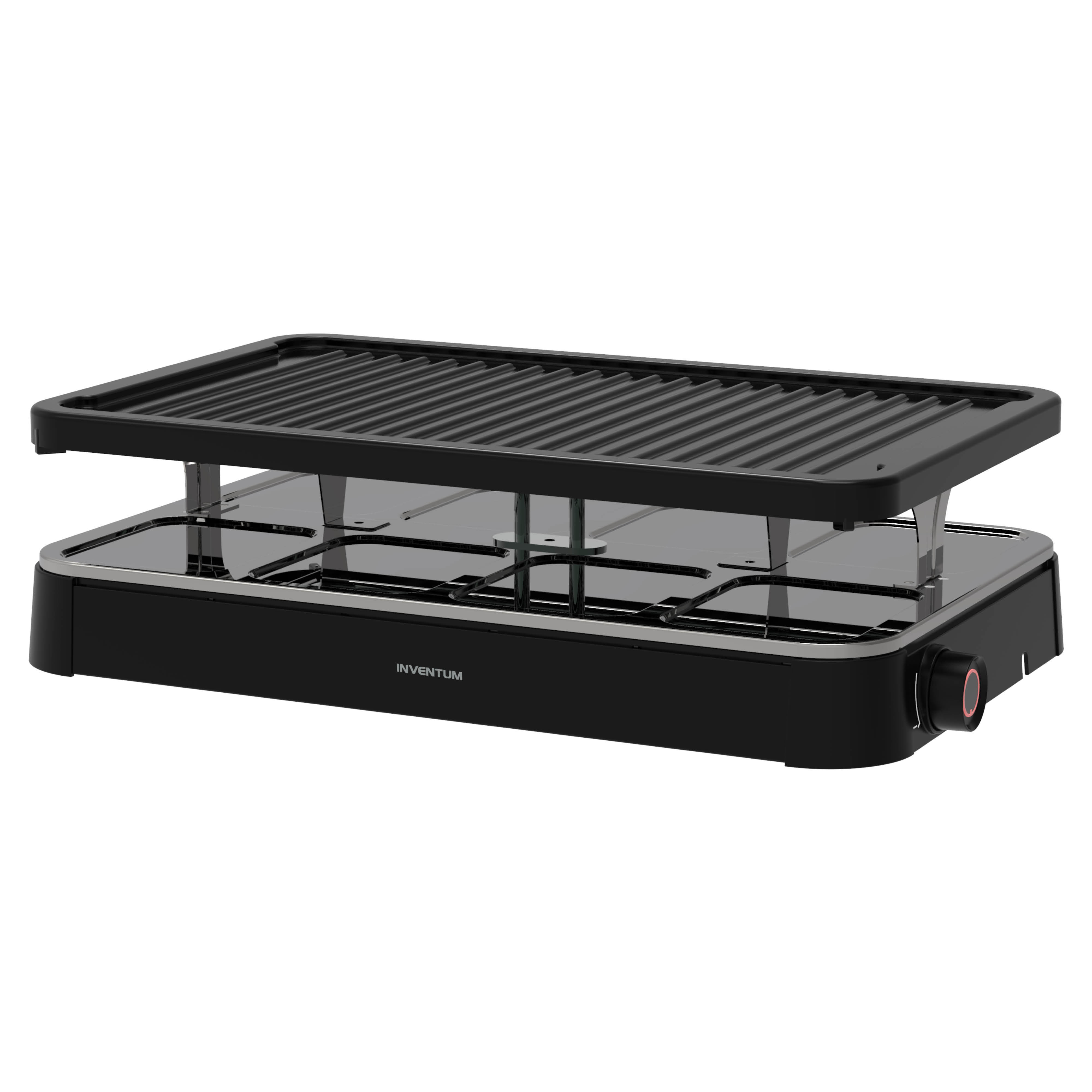 Een zwarte Inventum raclette grill met een kookplaat erop.
