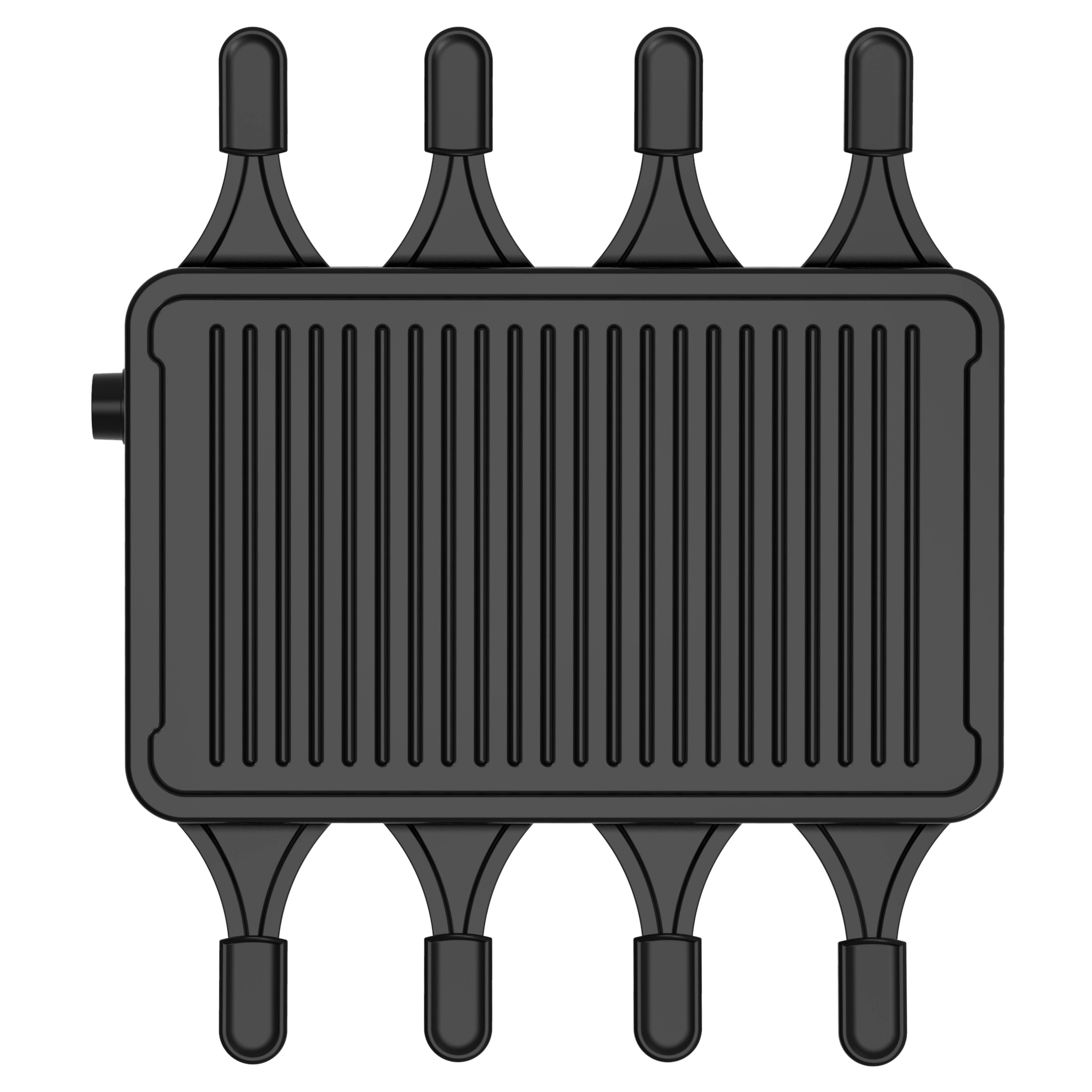 Zwart antenne-array met meerdere pinnen. Rechthoekige basis met verticale lijnen.