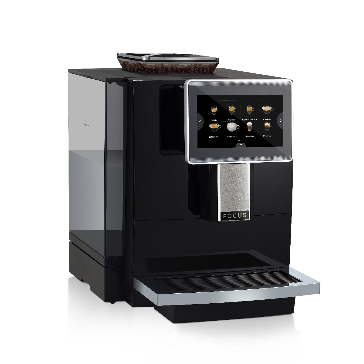 Schwarze Kaffeemaschine mit Touchscreen, Bohnen oben und silberner Ablage. Weißer Hintergrund.