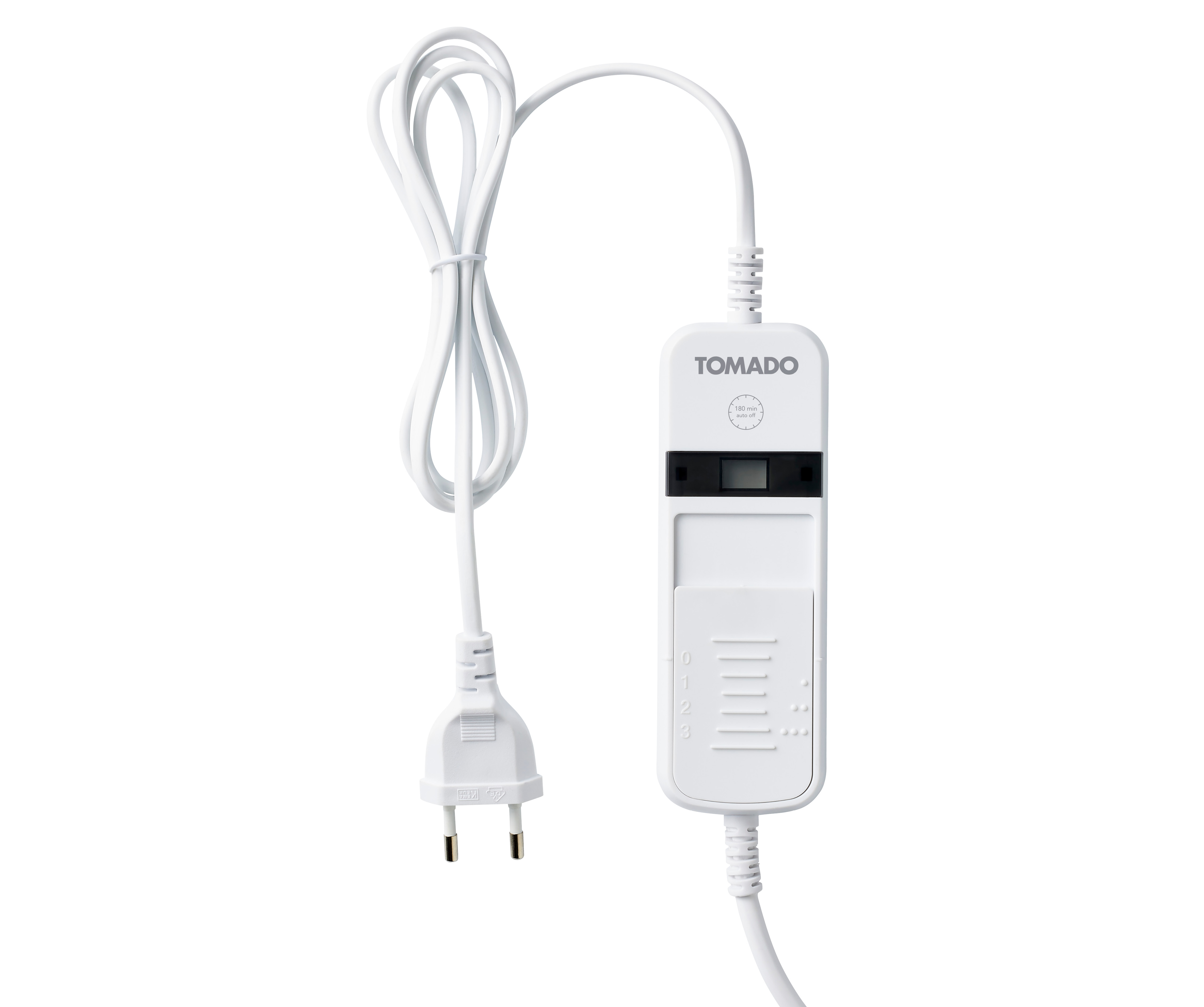 Weißer Controller für eine Heizdecke mit Stecker und Temperatureinstellungen von 0 bis 3.
