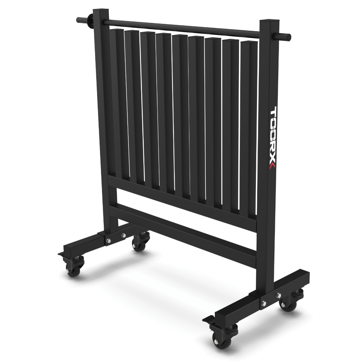Un rack à haltères noir sur roues avec des poids.