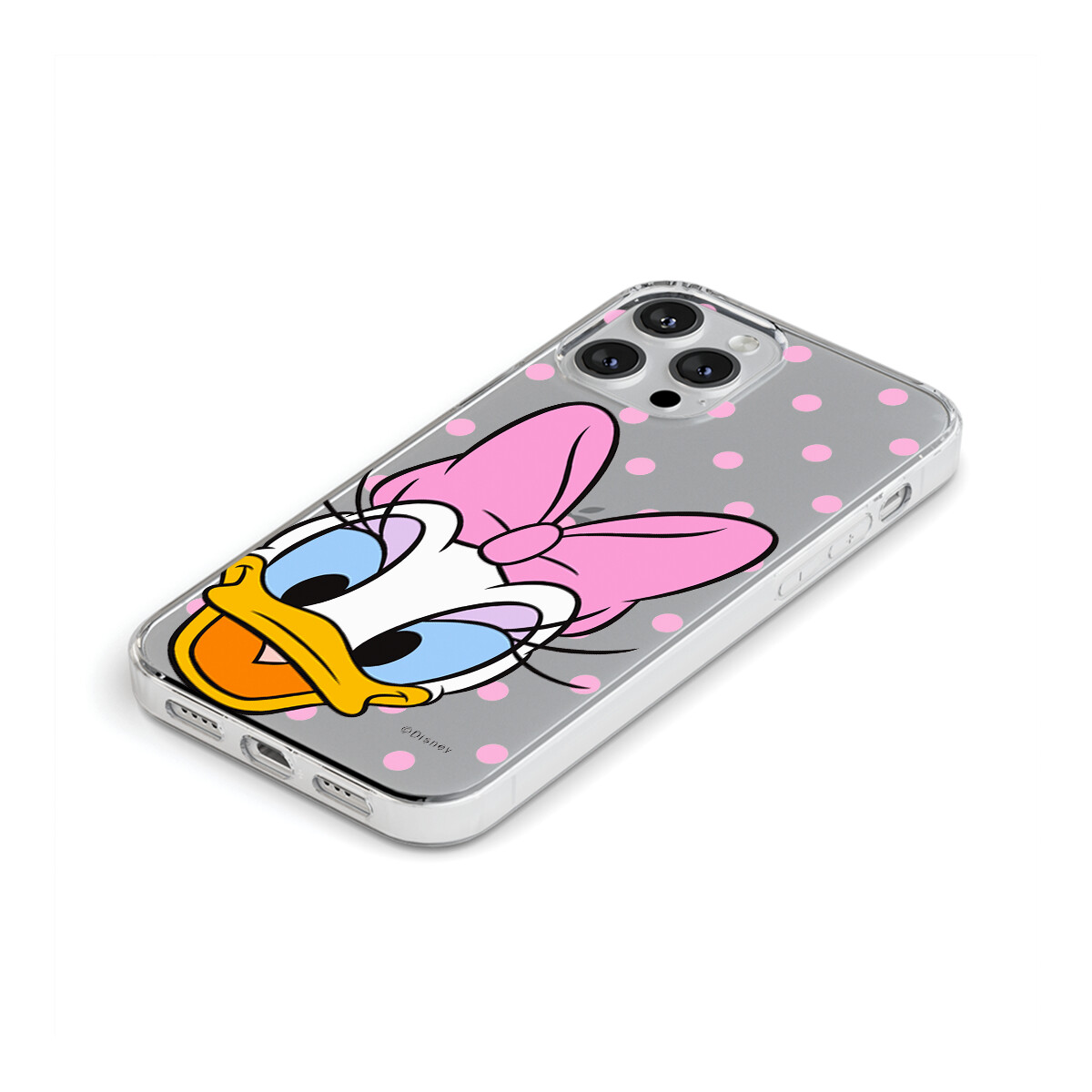 Custodia per telefono di Paperina con pois rosa su sfondo grigio, custodia trasparente.
