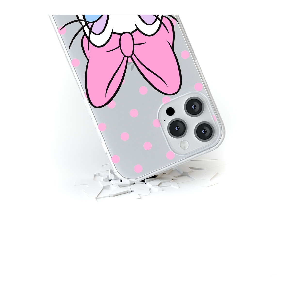 Custodia per telefono con un design di Paperina. La custodia è trasparente con pois rosa e un fiocco.