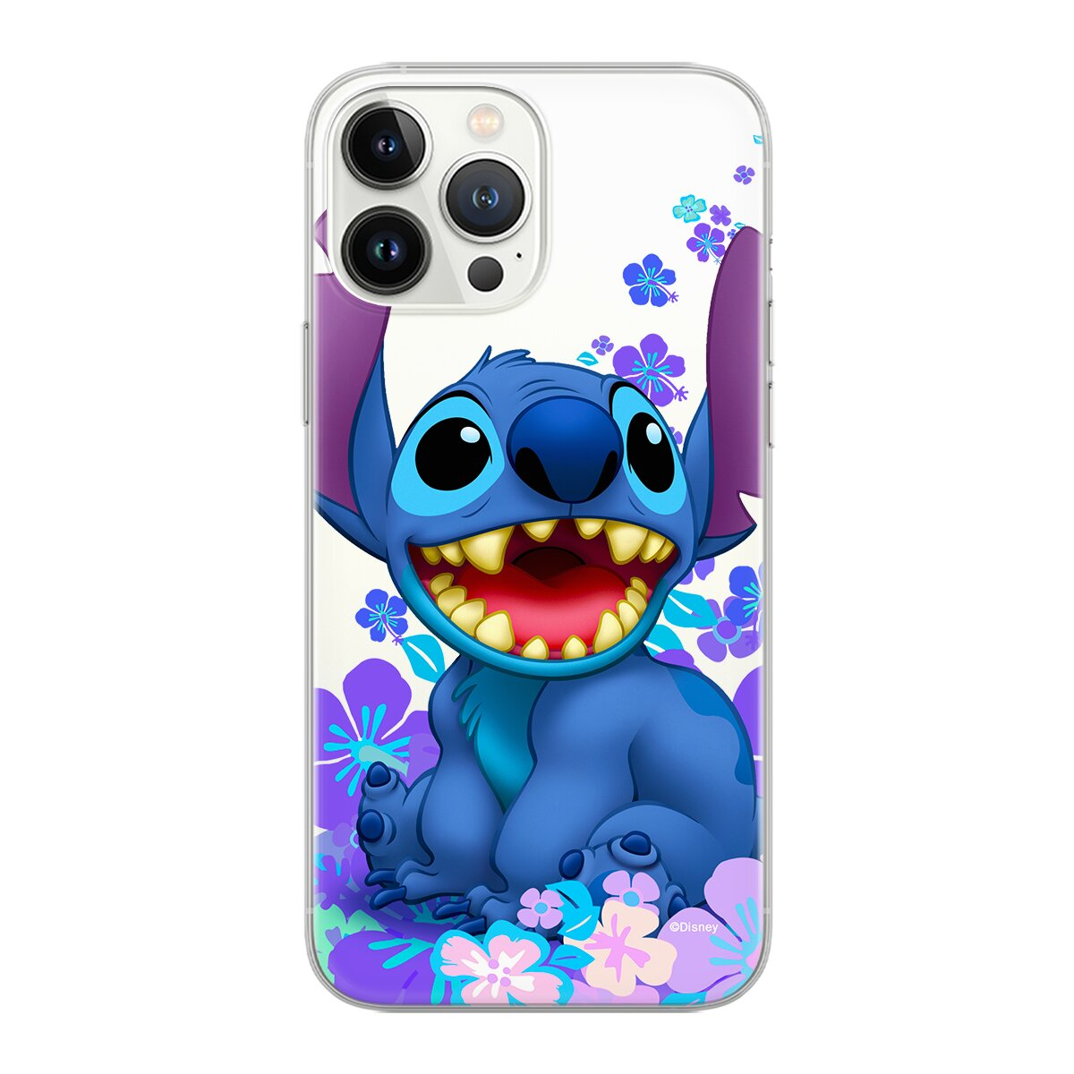 Una custodia per telefono Stitch. Ha Stitch sopra, circondato da fiori. La custodia è trasparente.