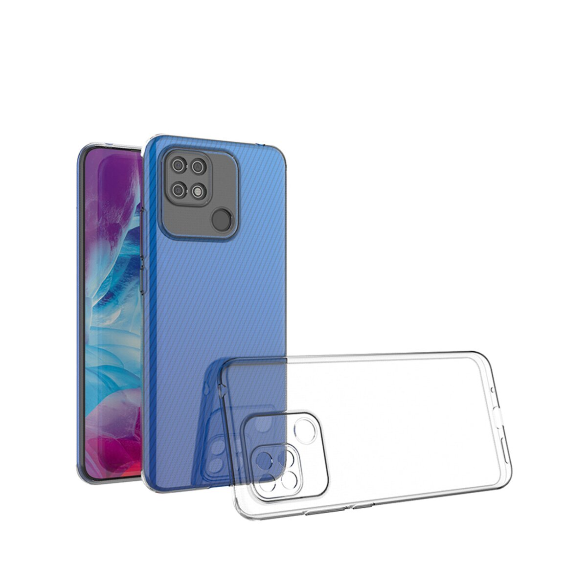 Custodia per telefono blu con protezione fotocamera nera e custodia trasparente.