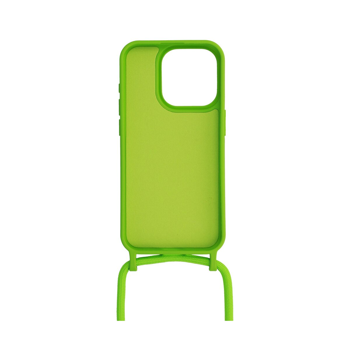 Custodia verde per telefono con cordino verde. Sfondo bianco.