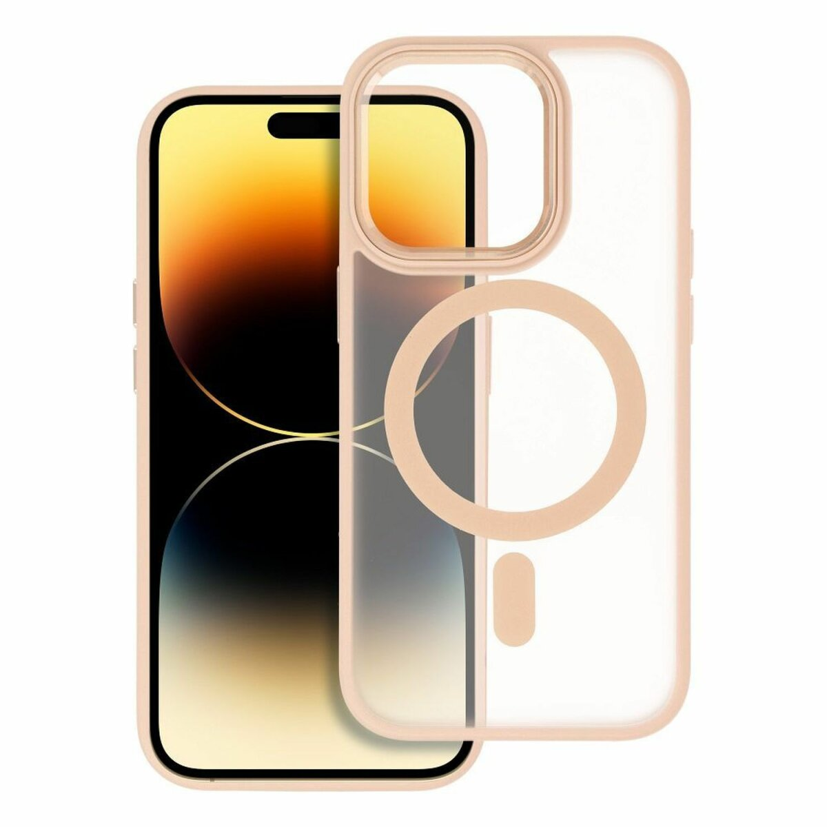 Custodia per telefono con telefono all'interno. Trasparente con cornice dorata.