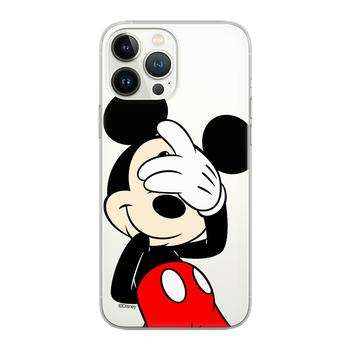 Custodia per telefono di Topolino, trasparente, con Topolino che si copre gli occhi.