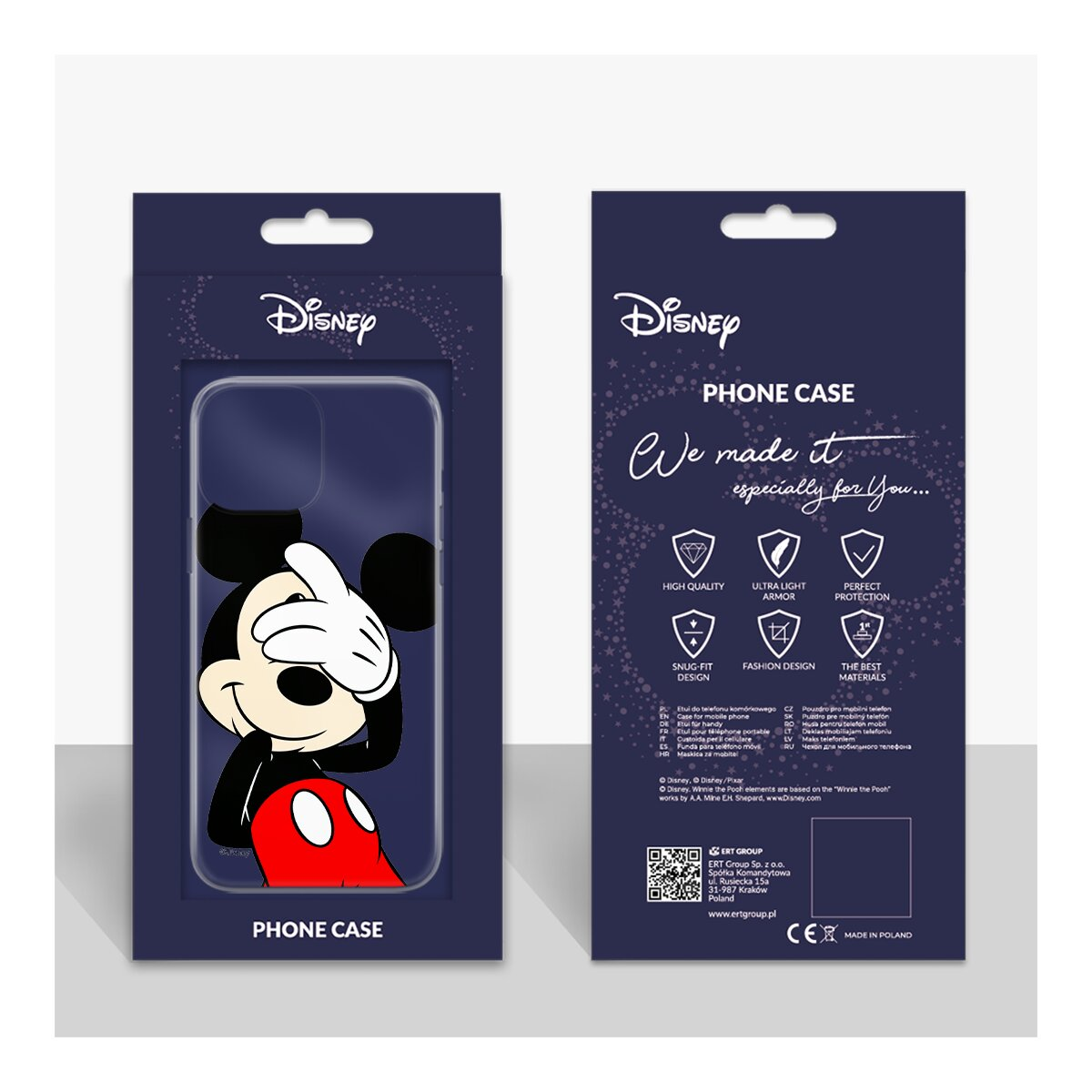 Confezione custodia per telefono Disney con Topolino. Il fronte mostra la custodia con Mickey, il retro dettagli.