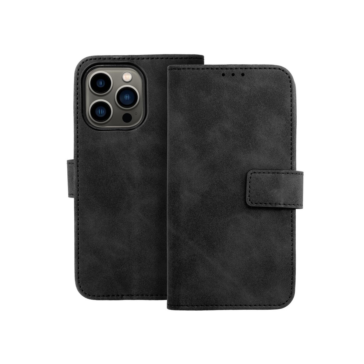 Custodia nera chiusa. Chiusura magnetica. Telefono non visibile.