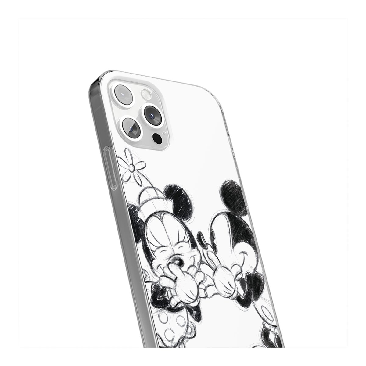 Eine Handyhülle mit einer Skizze von Minnie und Micky Maus, die Händchen halten.