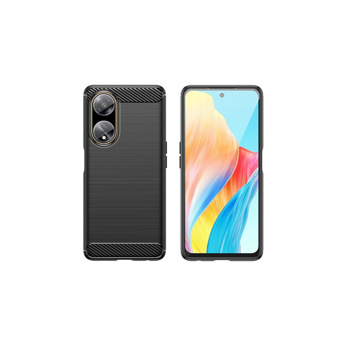 Custodia per telefono nera con retro strutturato e rialzo per fotocamera. Schermo del telefono visibile.
